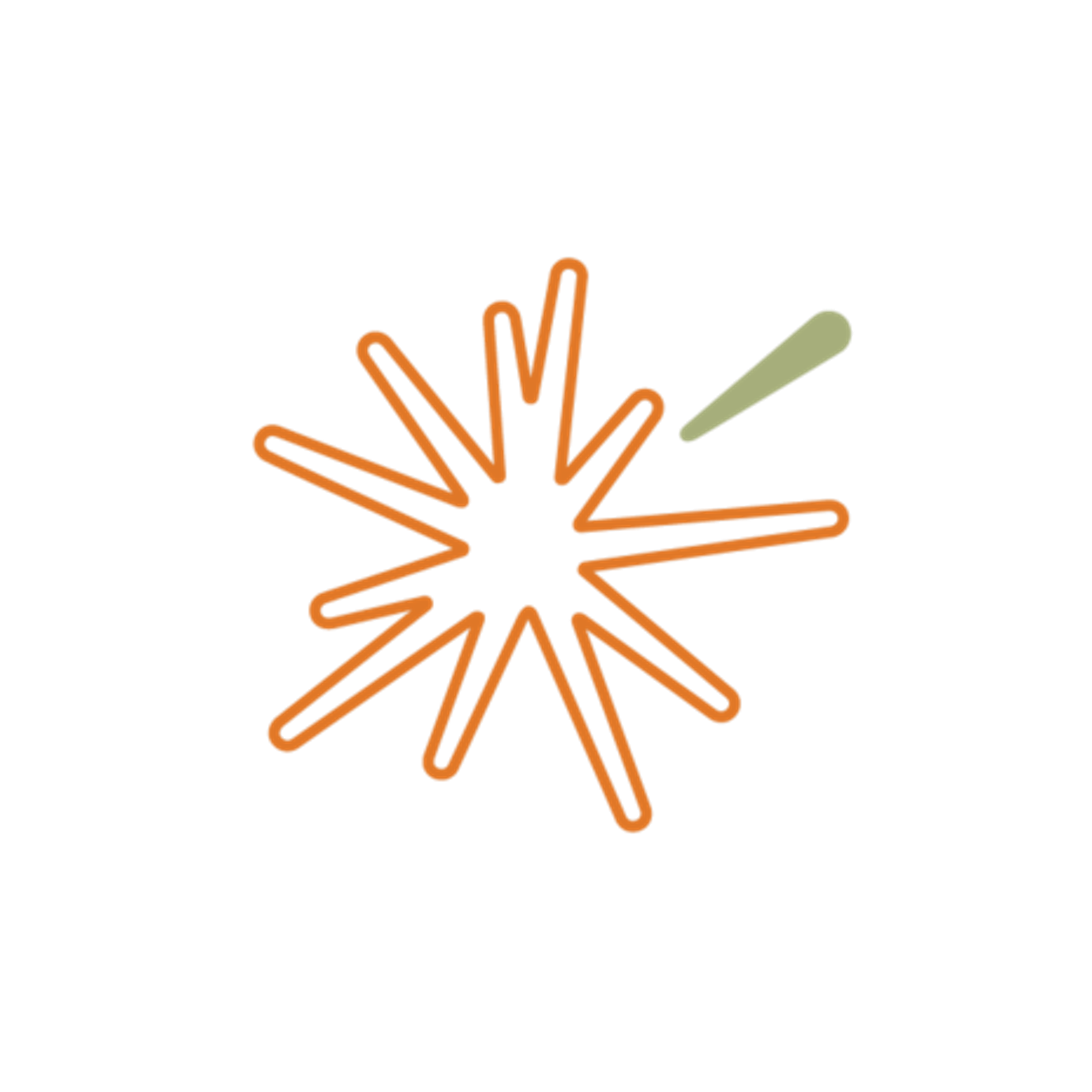 Neon star-shaped light display with orange outline and a single yellow beam on a black background.
