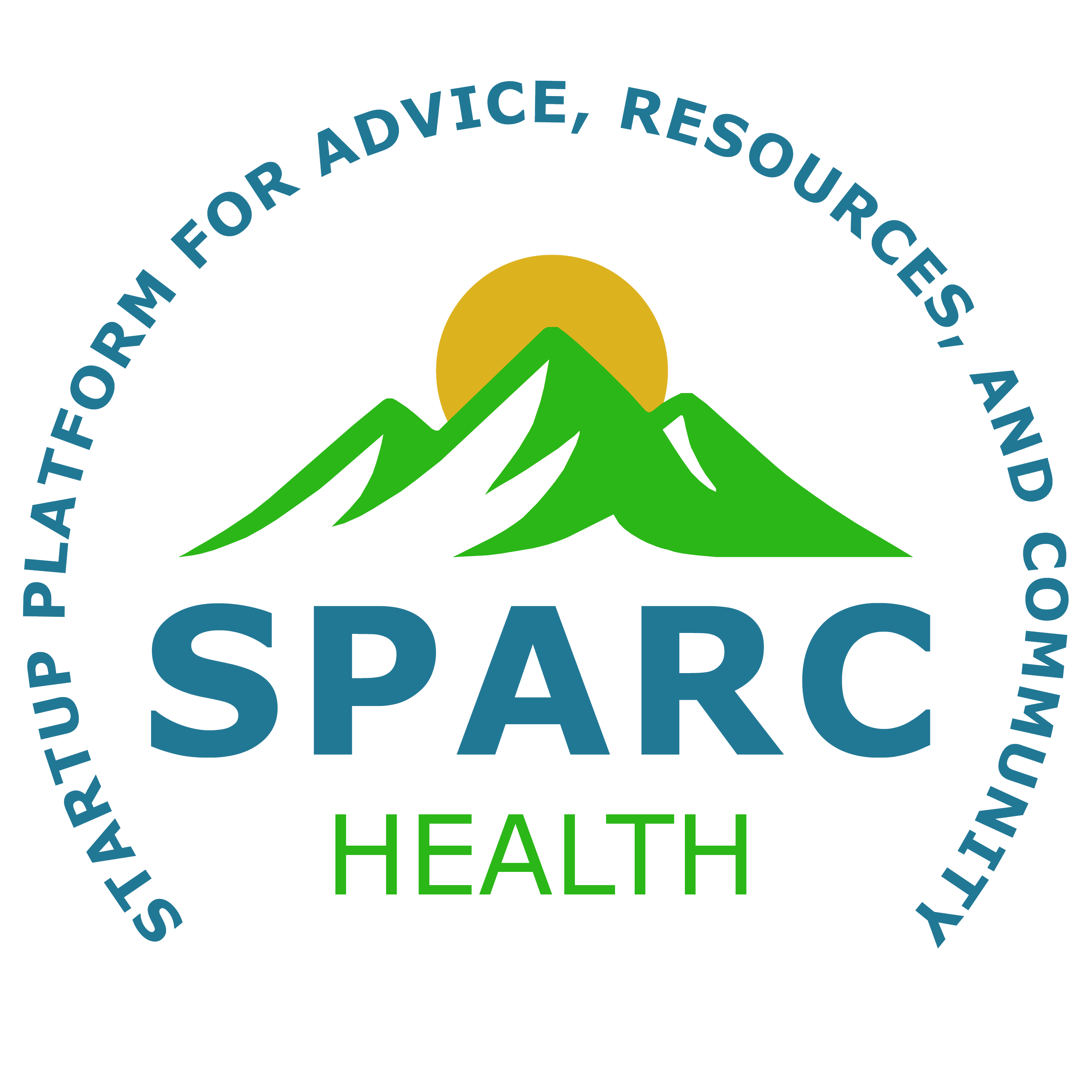 Logo for SPARC Health featuring a mountain with a sun behind it, and the text 'SPARC' in large blue letters, 'HEALTH' in smaller green letters below, and a circular slogan around the mountain reading 'Stakeholder Platform for Advice, Resources, and Community'.