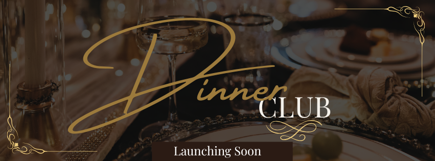 An elegant dinner invitation graphic with the text 'Dinner Club' and 'Launching Soon', featuring a decorated table setting with glasses, candles, and plates with bread.