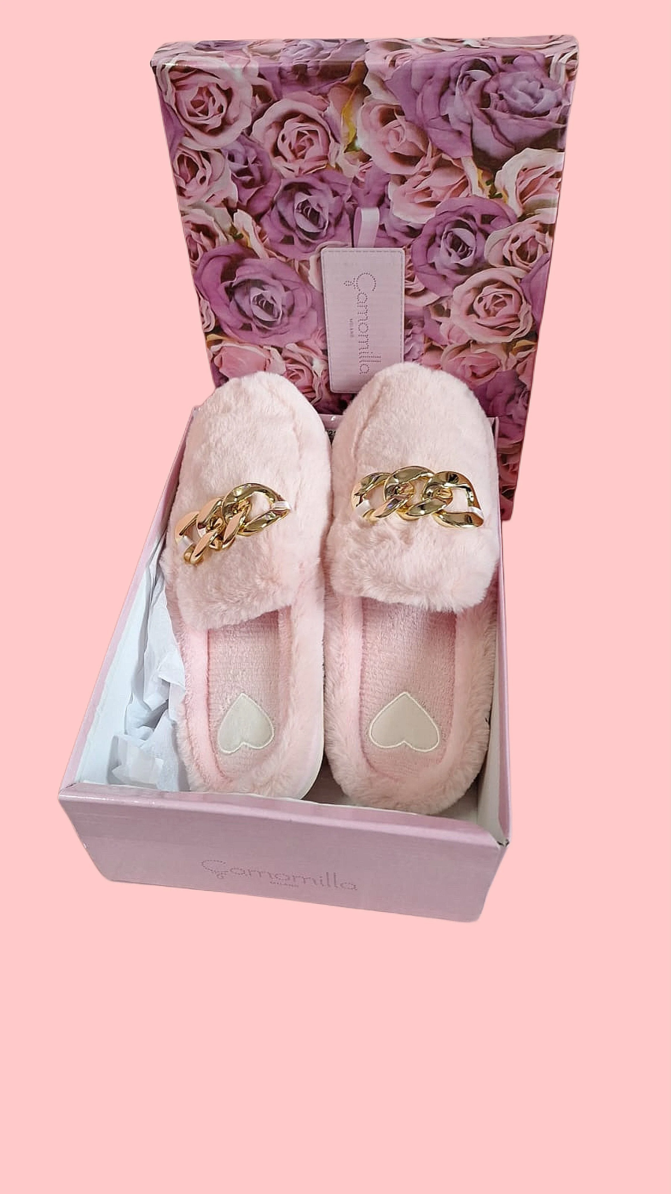 Pantofole da donna CAMOMILLA in eco-pelliccia rosa con catena