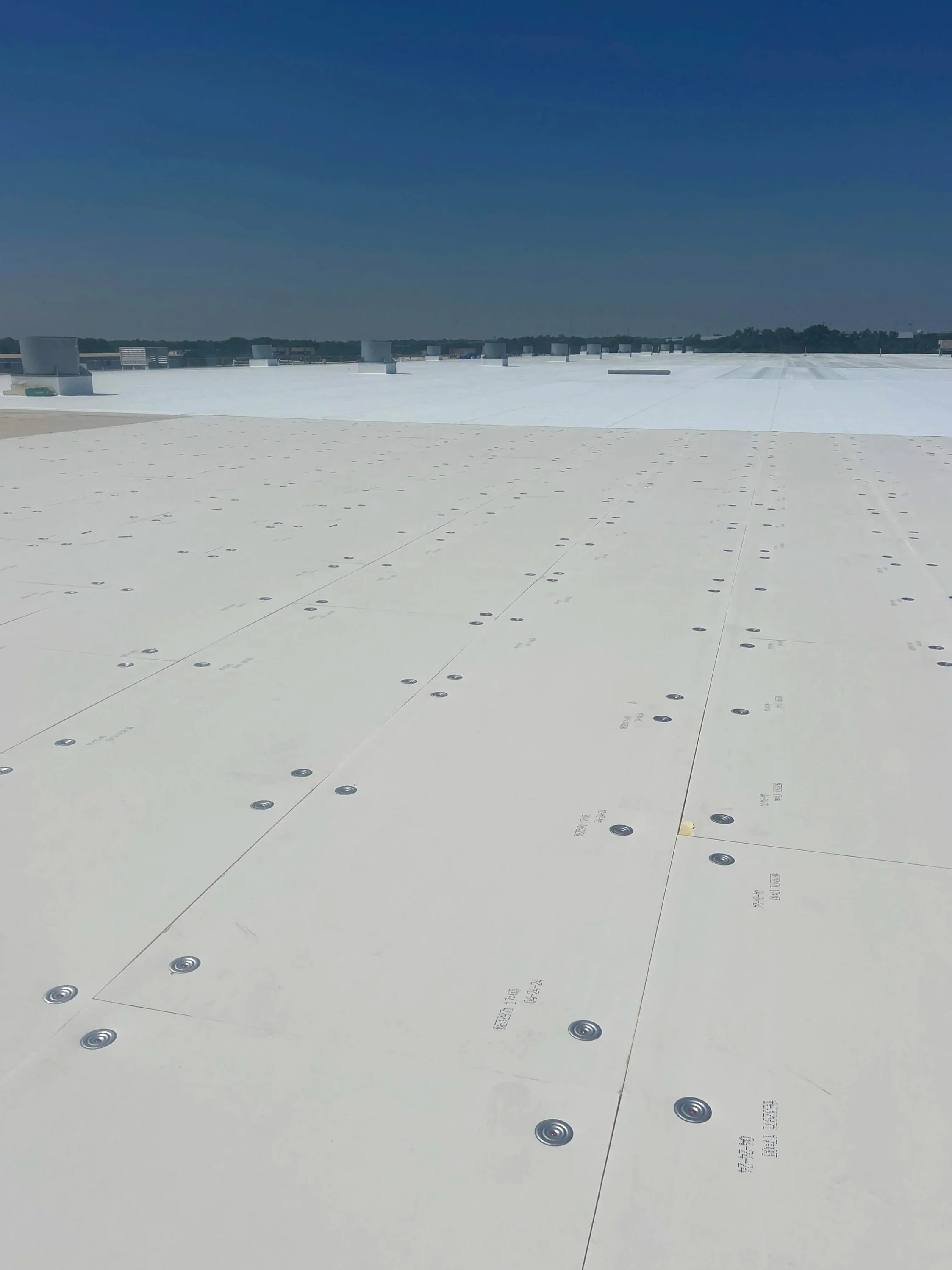 View of a flat white rooftop under a clear blue sky.
