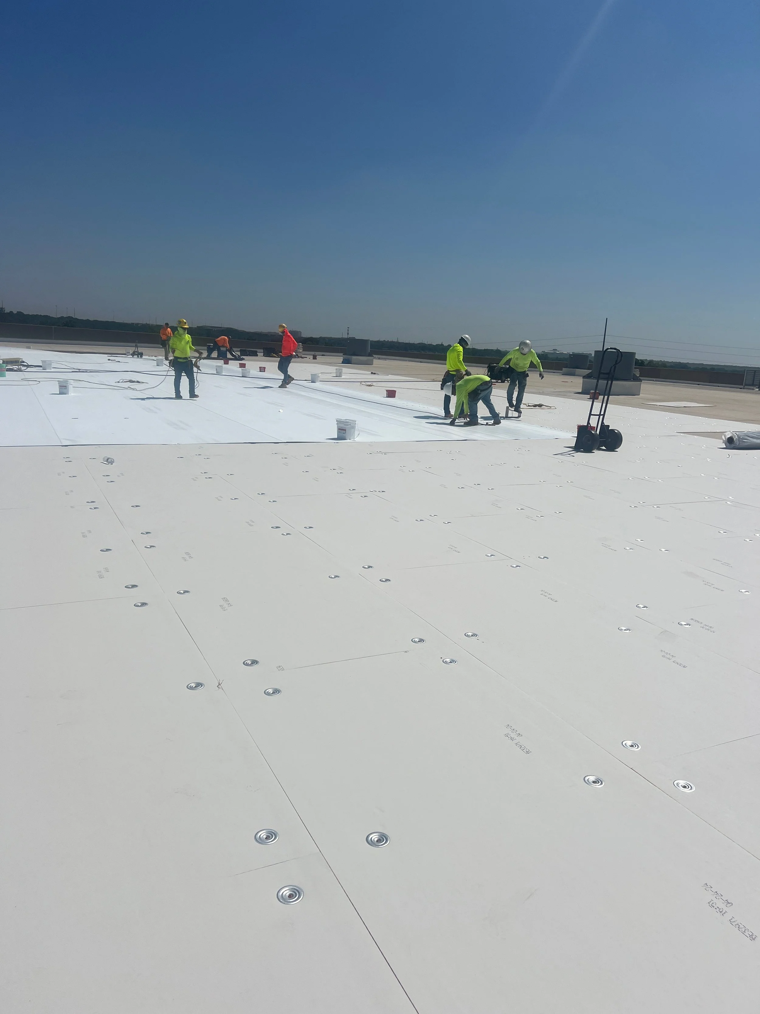 Construction workers installing white roofing panels on a flat roof under a clear blue sky.