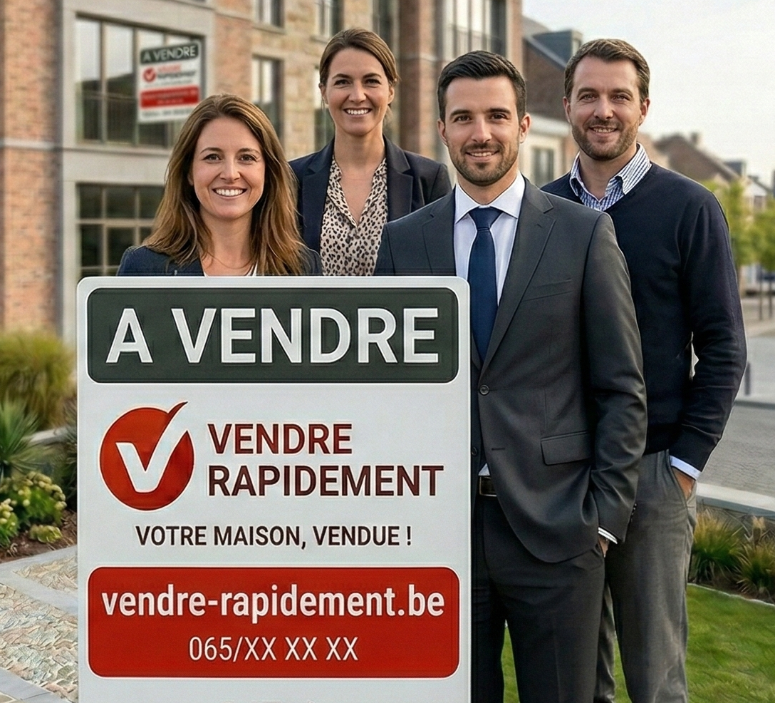 Groupe de quatre personnes en costume posant devant une pancarte immobilière indiquant que la maison est à vendre rapidement.