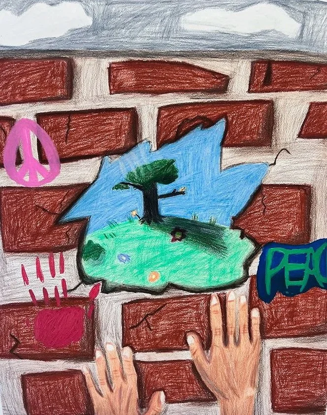 Hole of Hope,
Colored Pencils, Pastel Pencils, and Acrylic Markers,
21" x 25",
2025