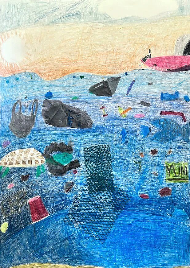 Sea of Neglect,
Colored Pencil, Plastic Bags, and Bottle Holder Nets,
40” x 30”,
2026