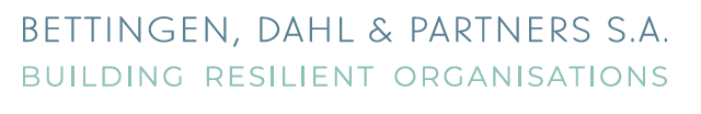 Logo with the text 'Bettingen, Dahl & Partners S.A. Building Resilient Organisations' in blue and green fonts.