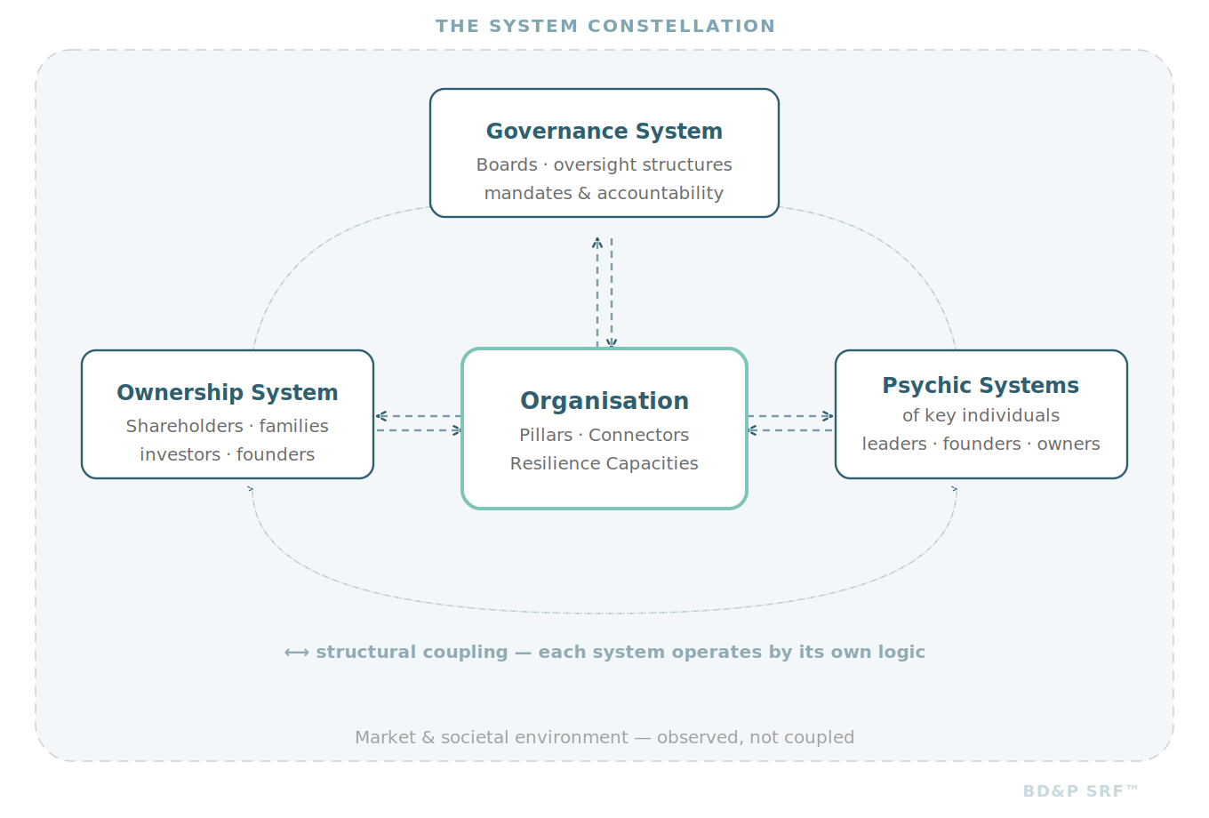 Diagram titled 'The System Constellation' showing a central organization connected to four systems: governance system at the top, ownership system at the bottom left, psychic systems at the right, with arrows indicating structural coupling. The organization serves as pillar, connector, and resilience capacity. The governance system involves boards and oversight, ownership involves shareholders and investors, psychic systems involve key individuals like leaders and owners. Dashed lines indicate individual system logic, solid lines indicate coupling, with a note about market and societal environment.