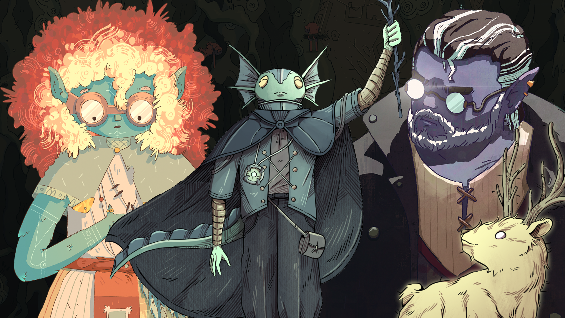 An illustrated collage of the 3 main characters from The Kingdom Sleeps Podcast. To the left is Nina, a green skinned Fae. In the centre is Yohm, a cloaked merfolk. To the Right is Hiram, a bespectacled Dwergar with purple skin.