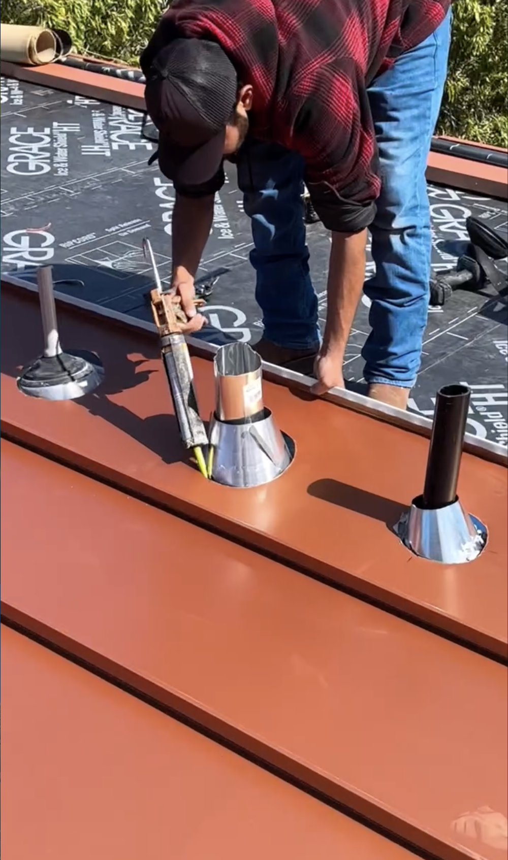 Custom copper color sheet metal roof install in San Jose, CA. 