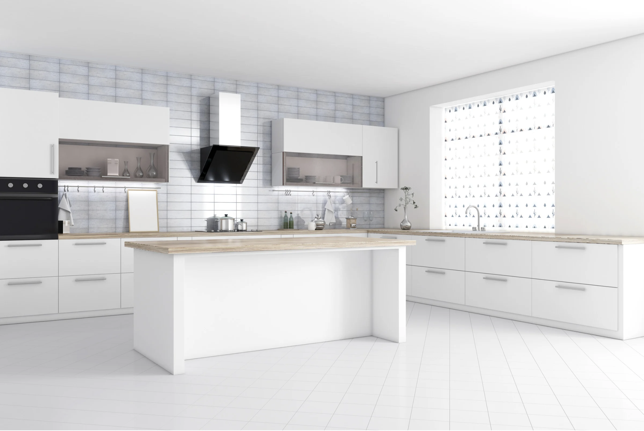 Modern white kitchen with wooden countertops, black vent hood, built-in oven, and large window with patterned shades.