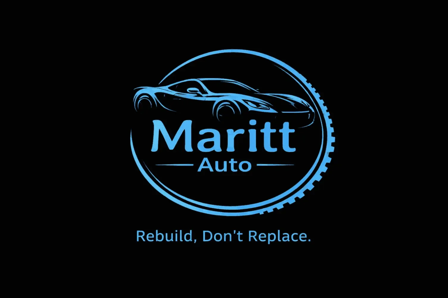 Logo for Maritt Auto featuring a blue outline of a sports car inside a circular gear, with the slogan "Rebuild, Don't Replace" below.