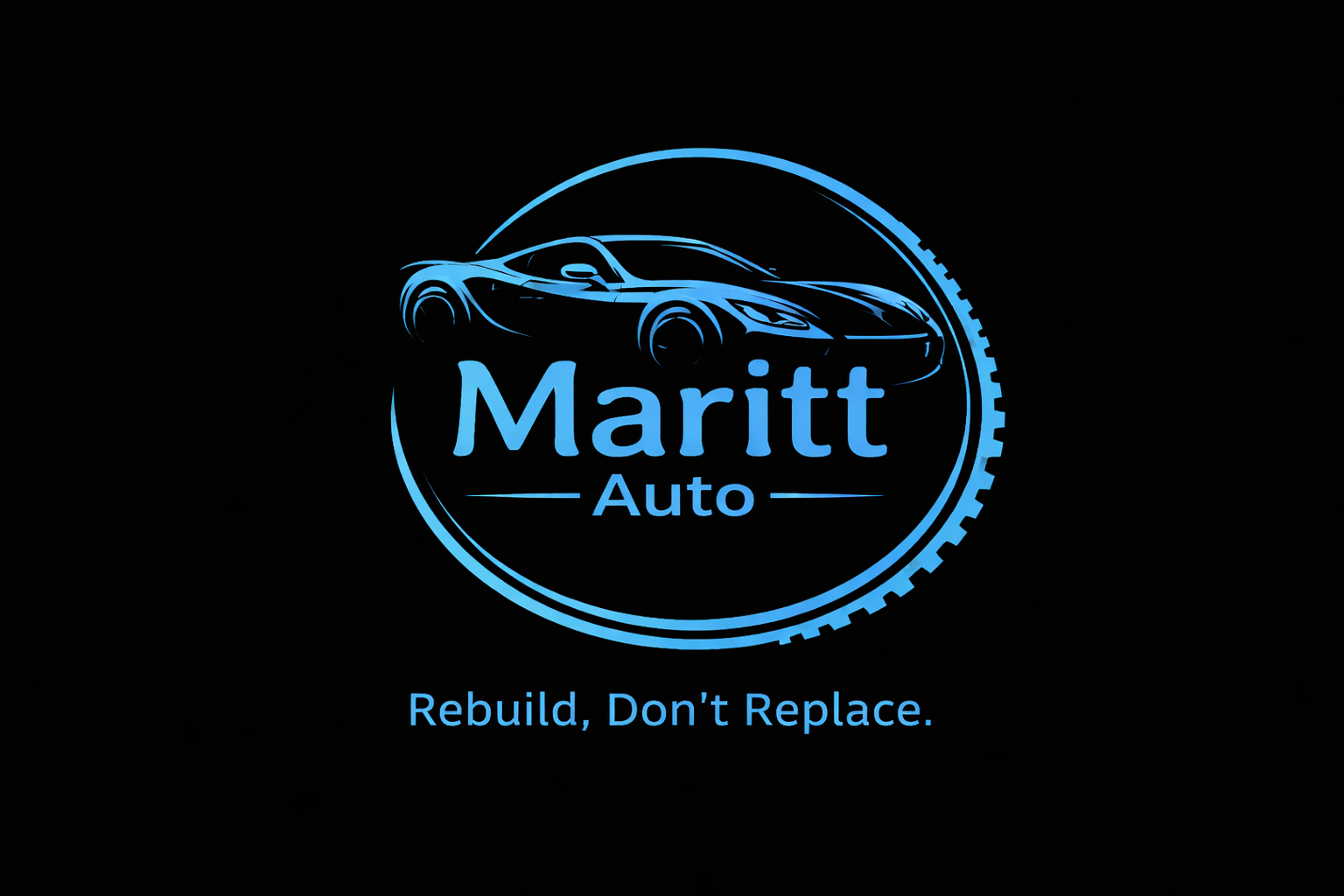 Logo for Maritt Auto with the slogan 'Rebuild, Don't Replace'. Featuring a stylized blue outline of a sports car on a black background.