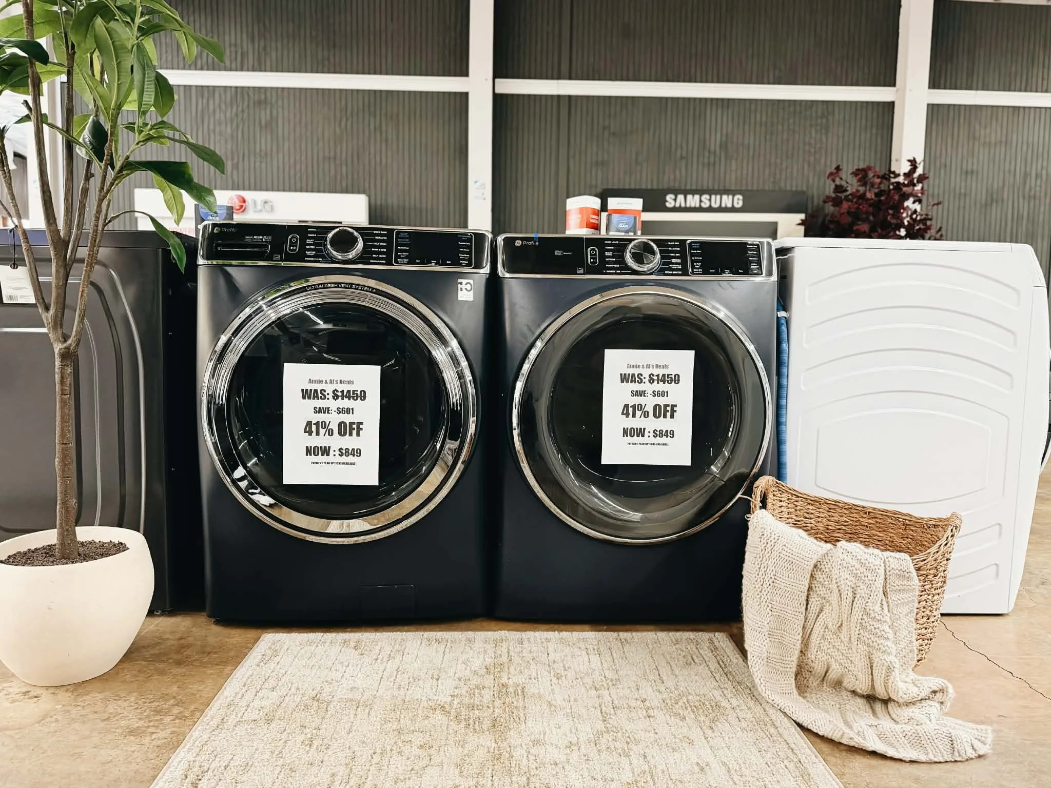 Blue GE front load stackable washer dryer on discount at Annie and Al's Appliances, a Huntsville Discount appliance store