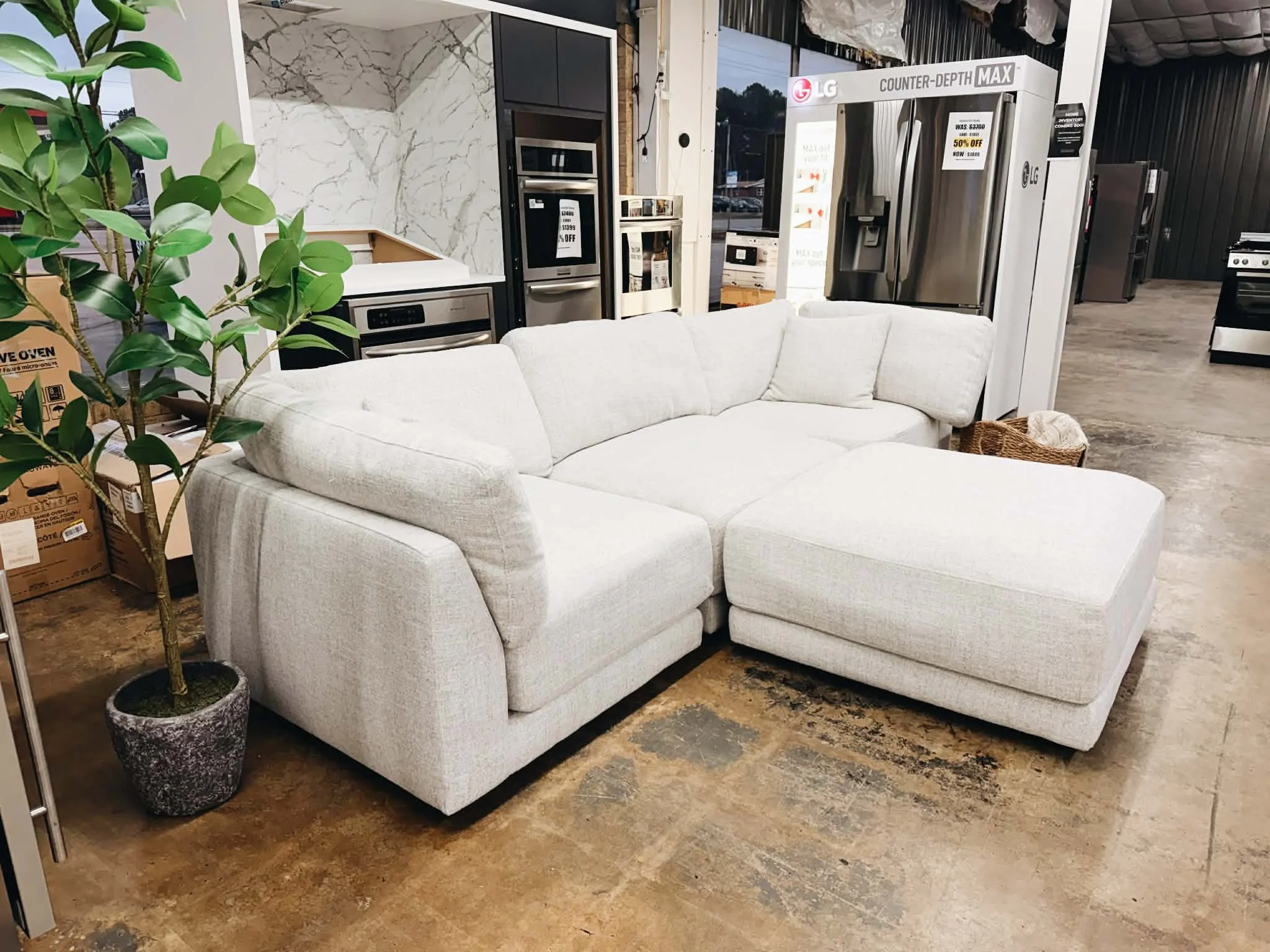 Discount Costco sofa sale at Annie & Al's appliance outlet in Huntsville AL with discount refrigerators n