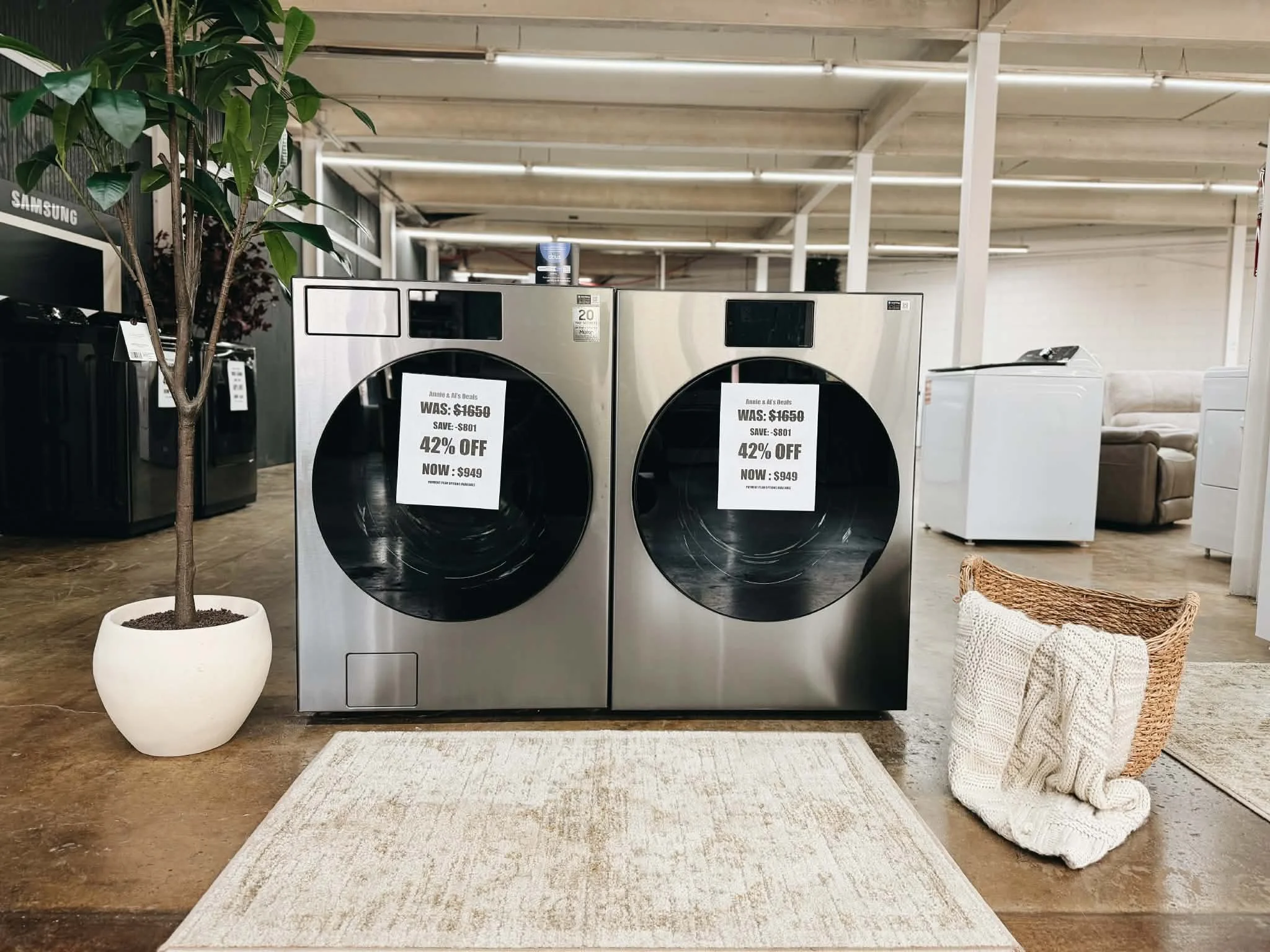 Samsung Bespoke washer dryer set stackable on sale, discount clearance in Annie and Al's Appliance Outlet