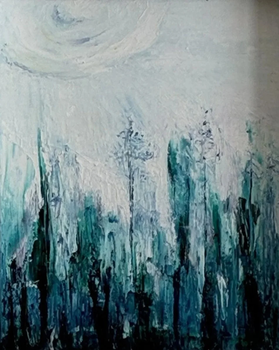 Ice Forest - An abstract done with a palette knife representing the crisp lines and feeling of the trees in a forest of ice and crystals.