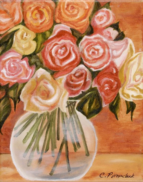 Painting of a bouquet of pink, peach, and yellow roses in a round glass vase with green stems, set against an orange background.