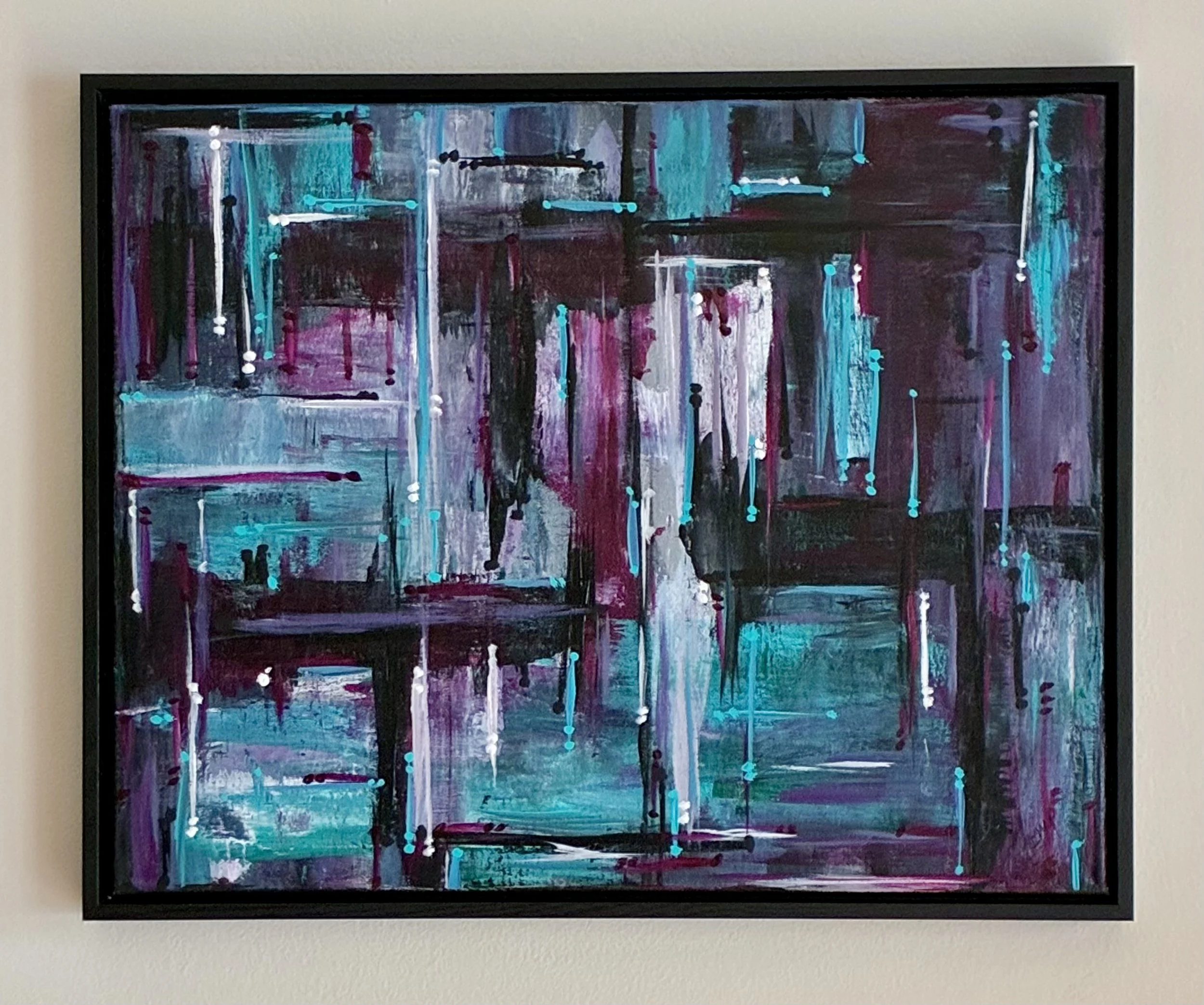 Harlequin - My abstract representation of a Harlequin menagerie of shapes and colors. Best described by my clients as whimsical and mysterious. This was created by using a palette knife and acrylics. 