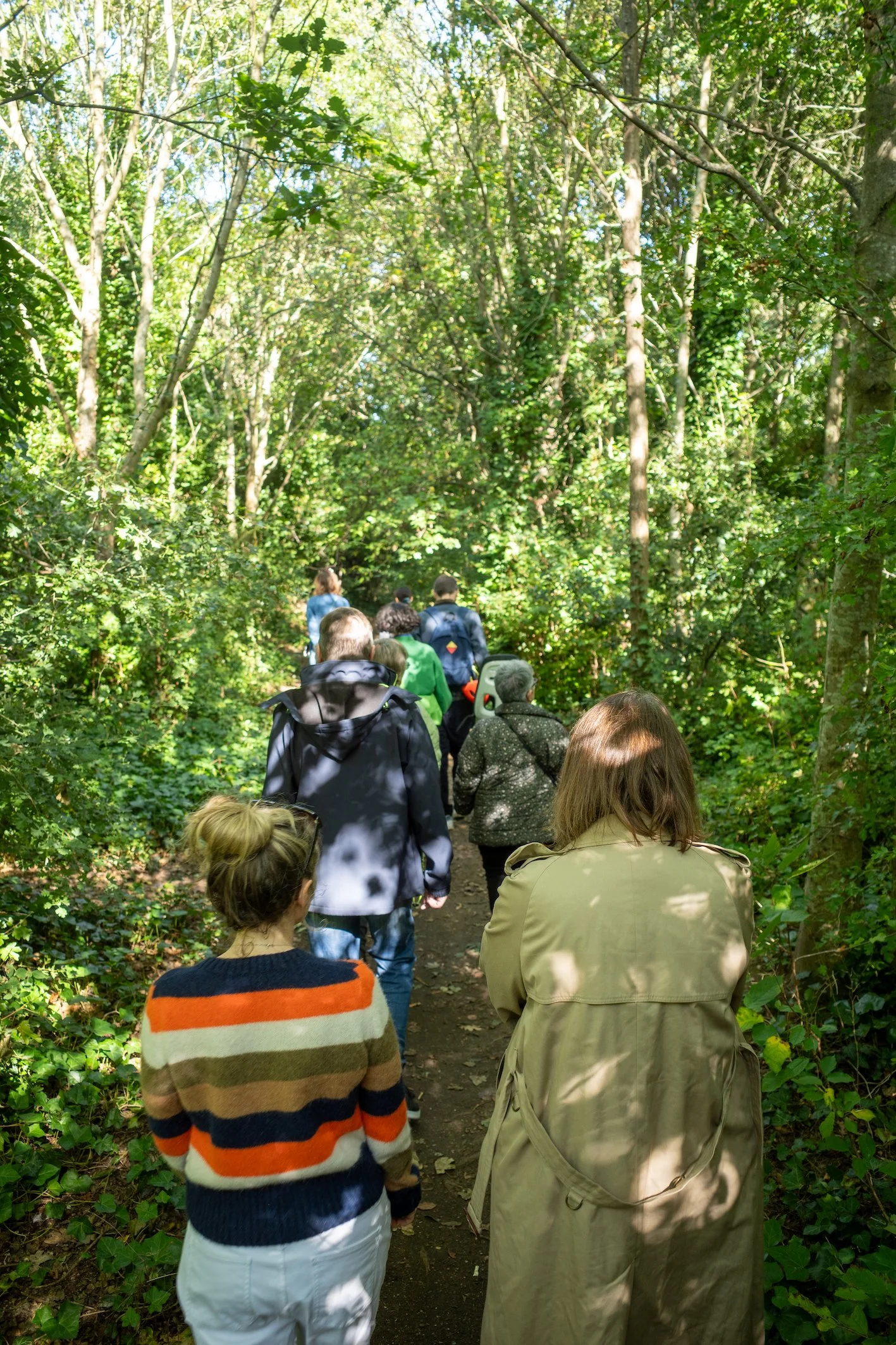 A group of people walking along a narrow dirt trail through a dense, green forest with tall trees and abundant foliage.
