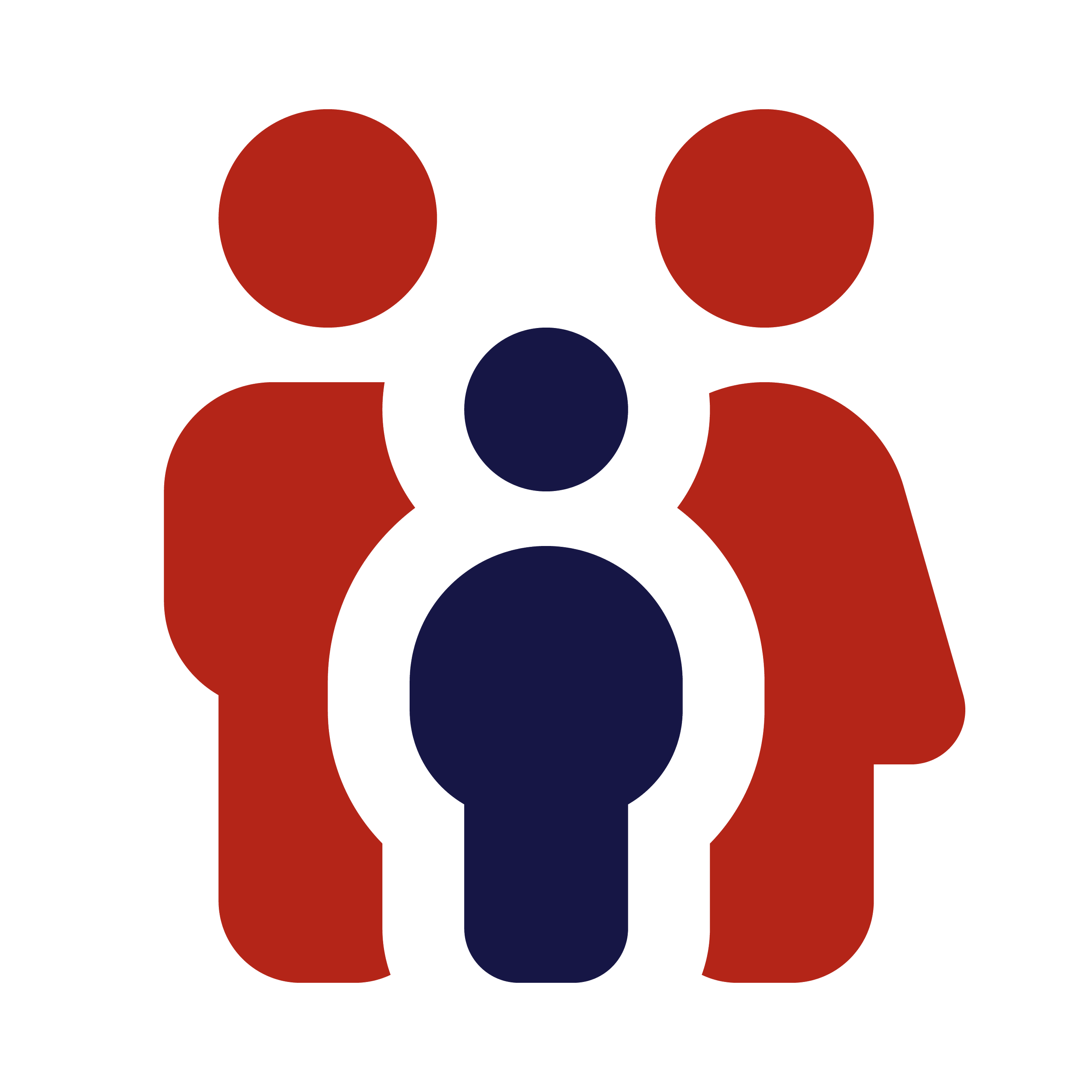 Icon illustration of three people in navy and red colors, with two larger figures on either side and a smaller figure in the center.