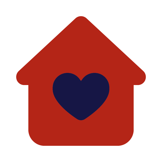 A red house icon with a blue heart in the center.