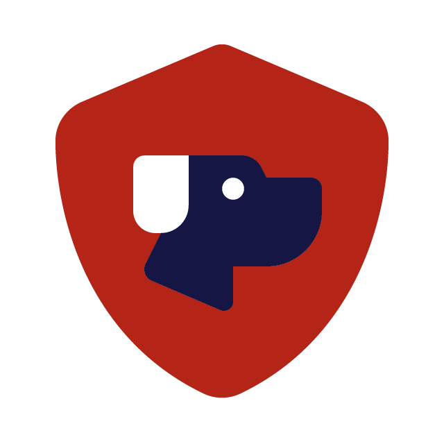 A shield emblem featuring a stylized black dog's head and a blue dumbbell in the center.