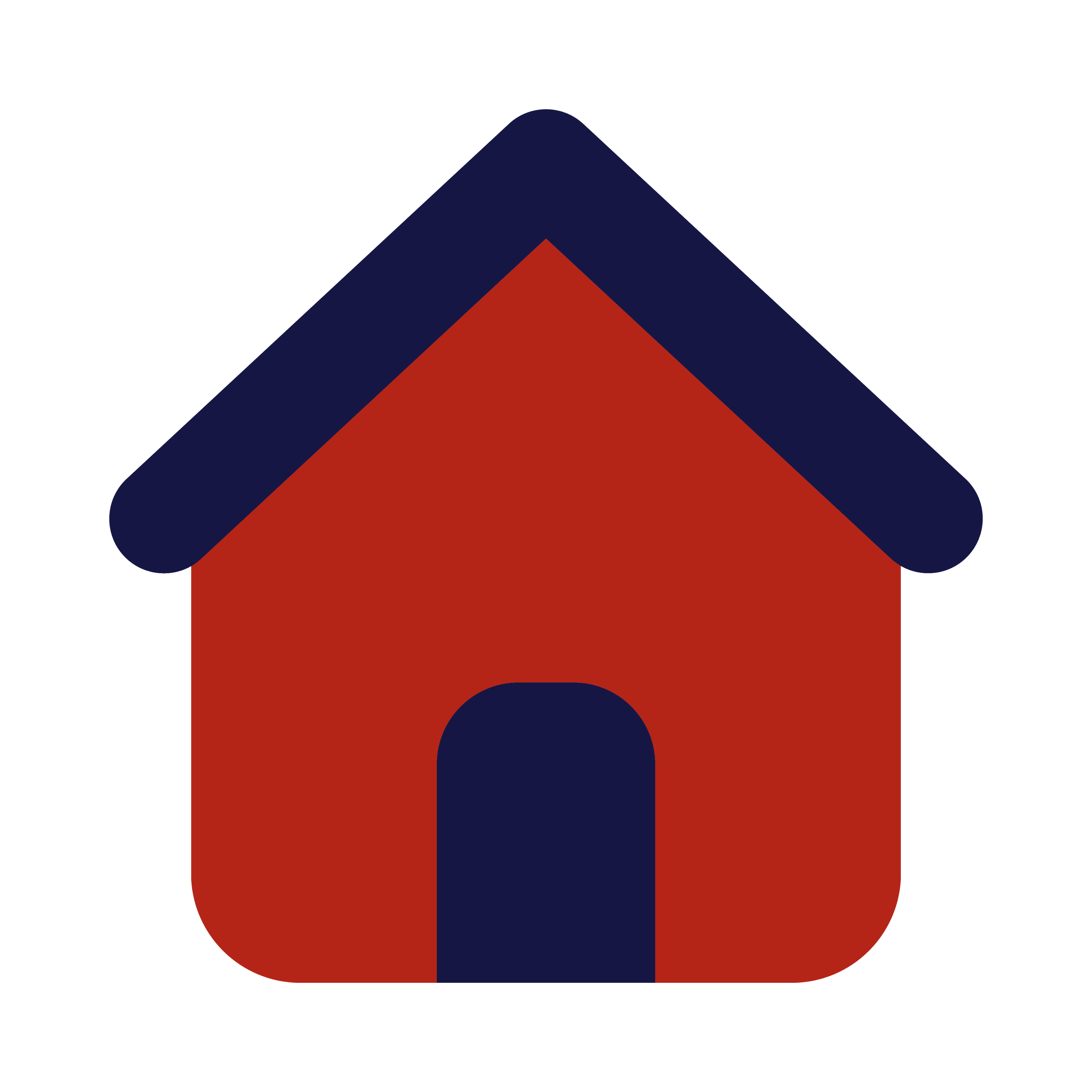Simple illustration of a red doghouse with a dark blue roof and door.