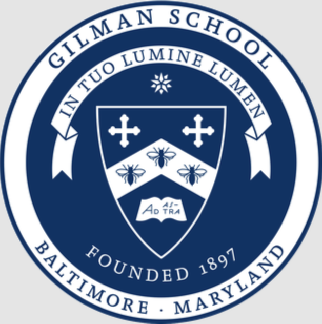 Seal of Gilman School featuring a shield with three bees, two crosses, and a banner with Latin phrase 'IN TUO LUMINE LUMEN', encircled by the school's name, founding year 1897, and location Baltimore, Maryland.