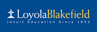 Loyola Blakefield logo with a blue background, white and yellow text, and a cross emblem.