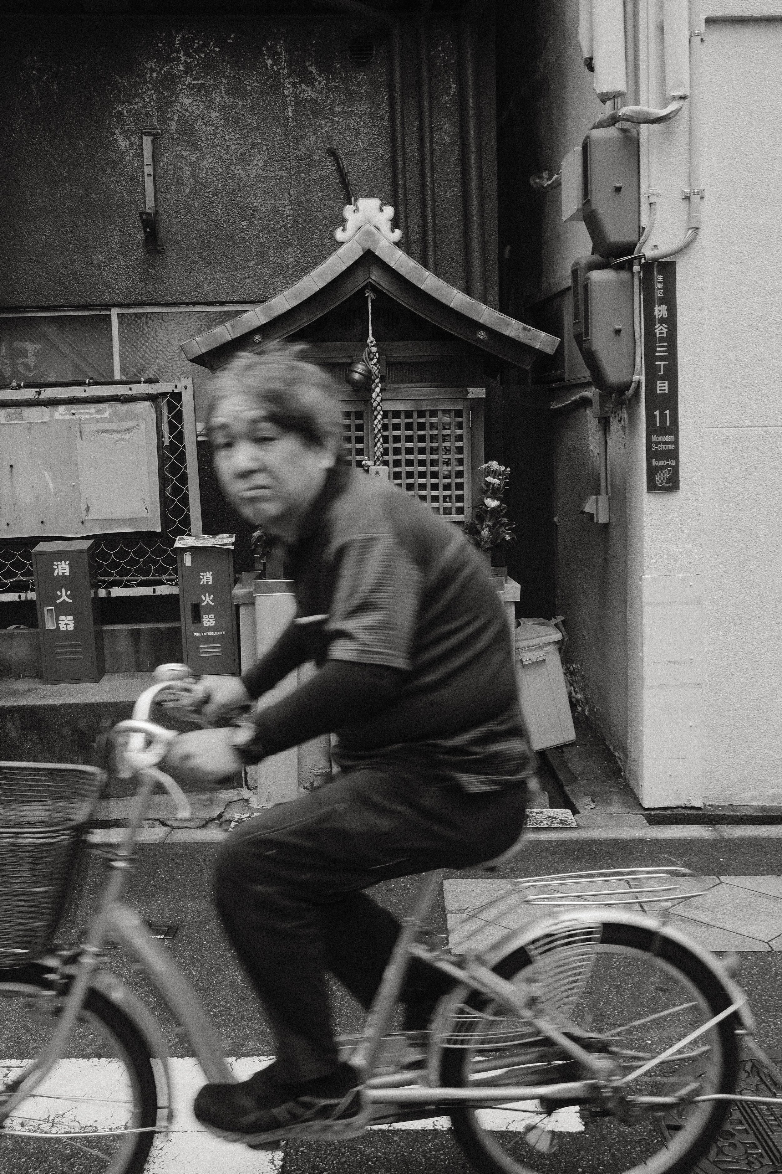 A man riding a bicycle on a city street in front of a traditional Japanese shrine, with a blurred motion effect.