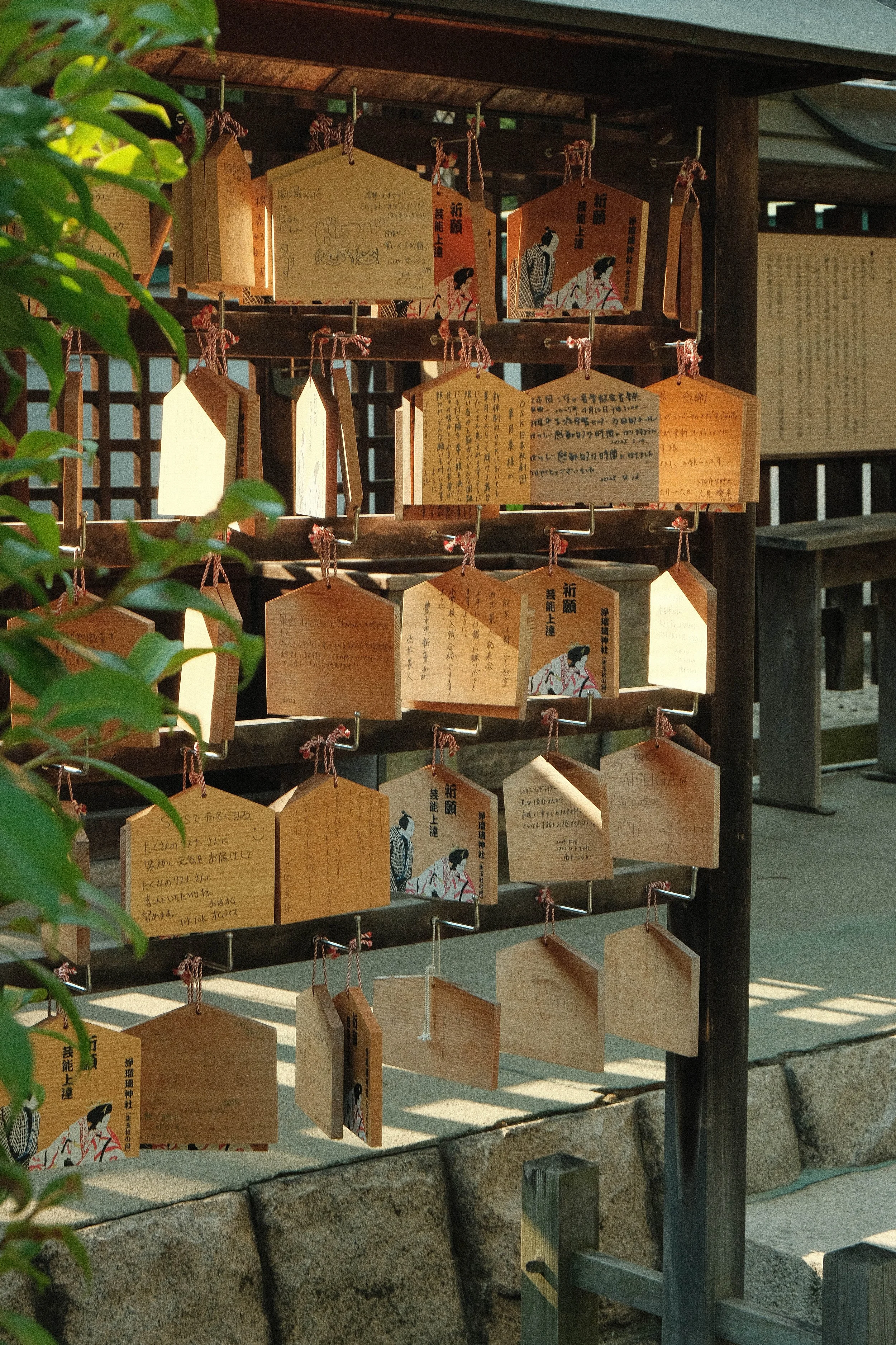 Wooden plaques hanging on a small wooden rack, some with Japanese images and script, possibly ema at a shrine, with a plant partially visible on the left and a stone wall at the bottom, in an outdoor setting.
