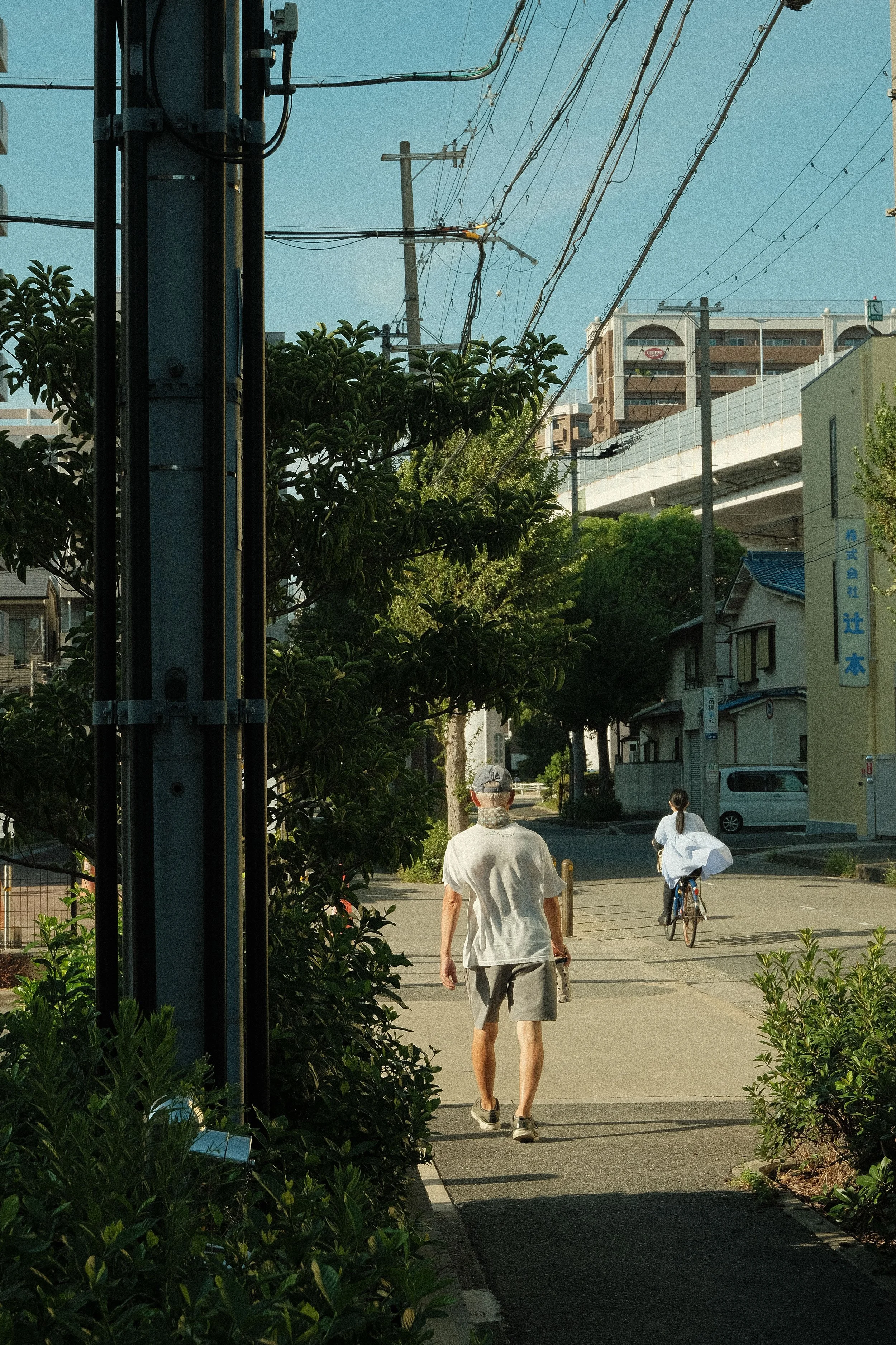 A street scene with two people walking and biking under power lines and trees, with buildings and a bridge in the background.