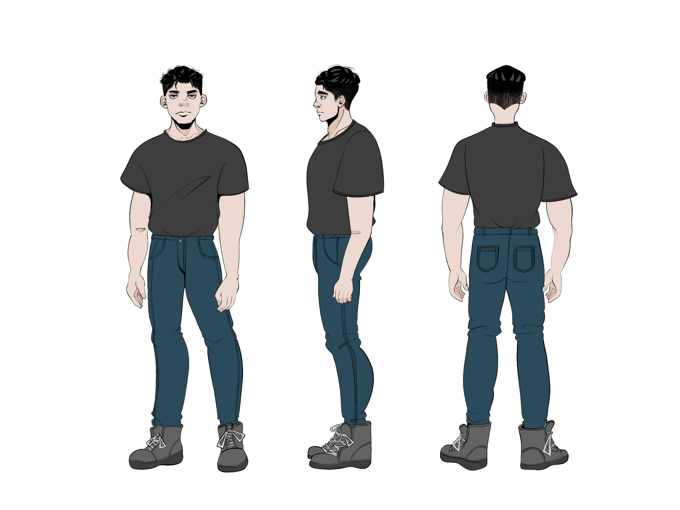 A digital illustration of a young man in casual clothing, shown from front, side, and back views. He has black hair, wears a black t-shirt, blue jeans, and gray boots.