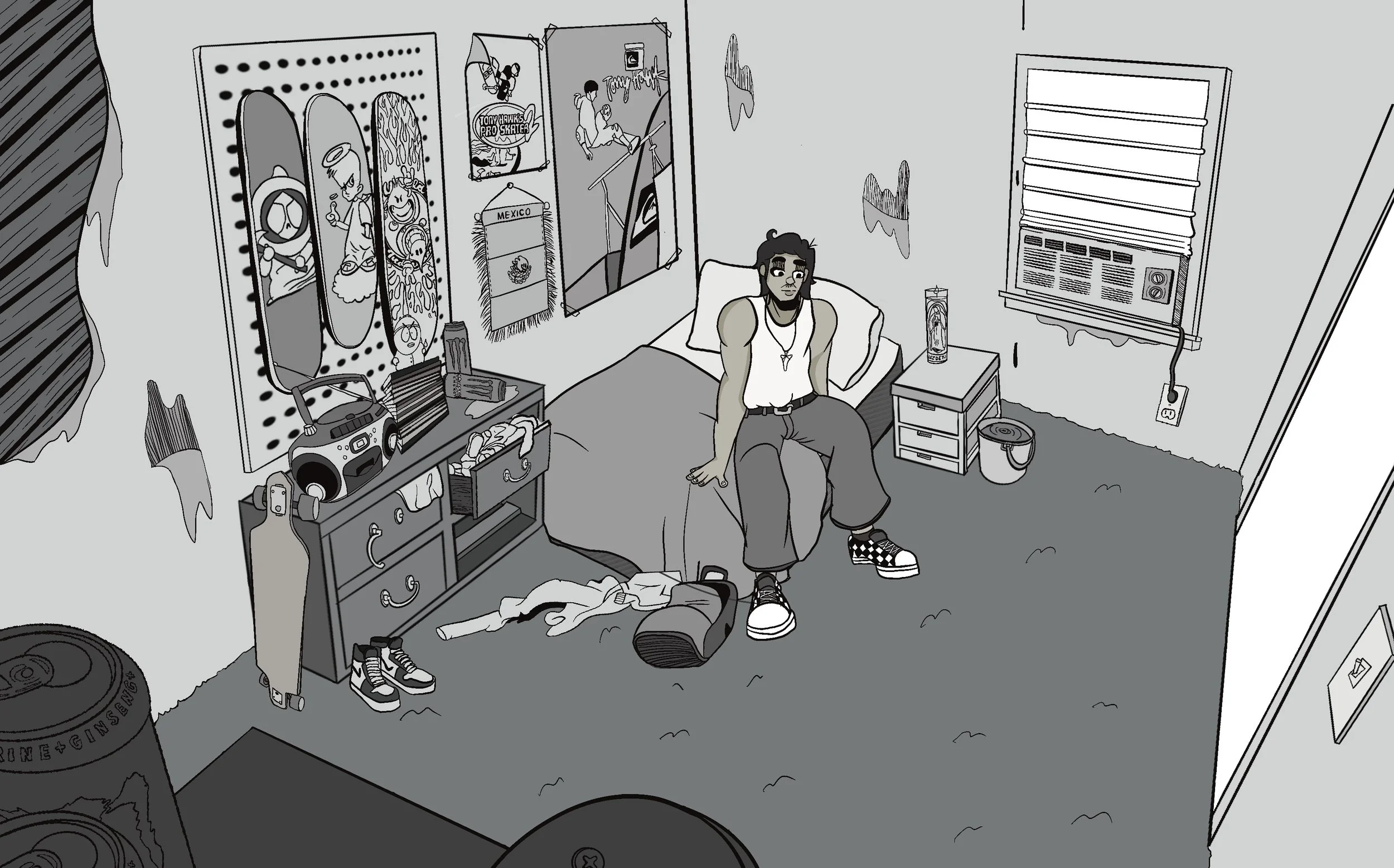 A young man sits on his bed in a cluttered bedroom with posters on the wall and various items including sneakers, a stereo, and a can of spray paint scattered around. The room is in grayscale with minimal color, and he appears to be in a contemplativ