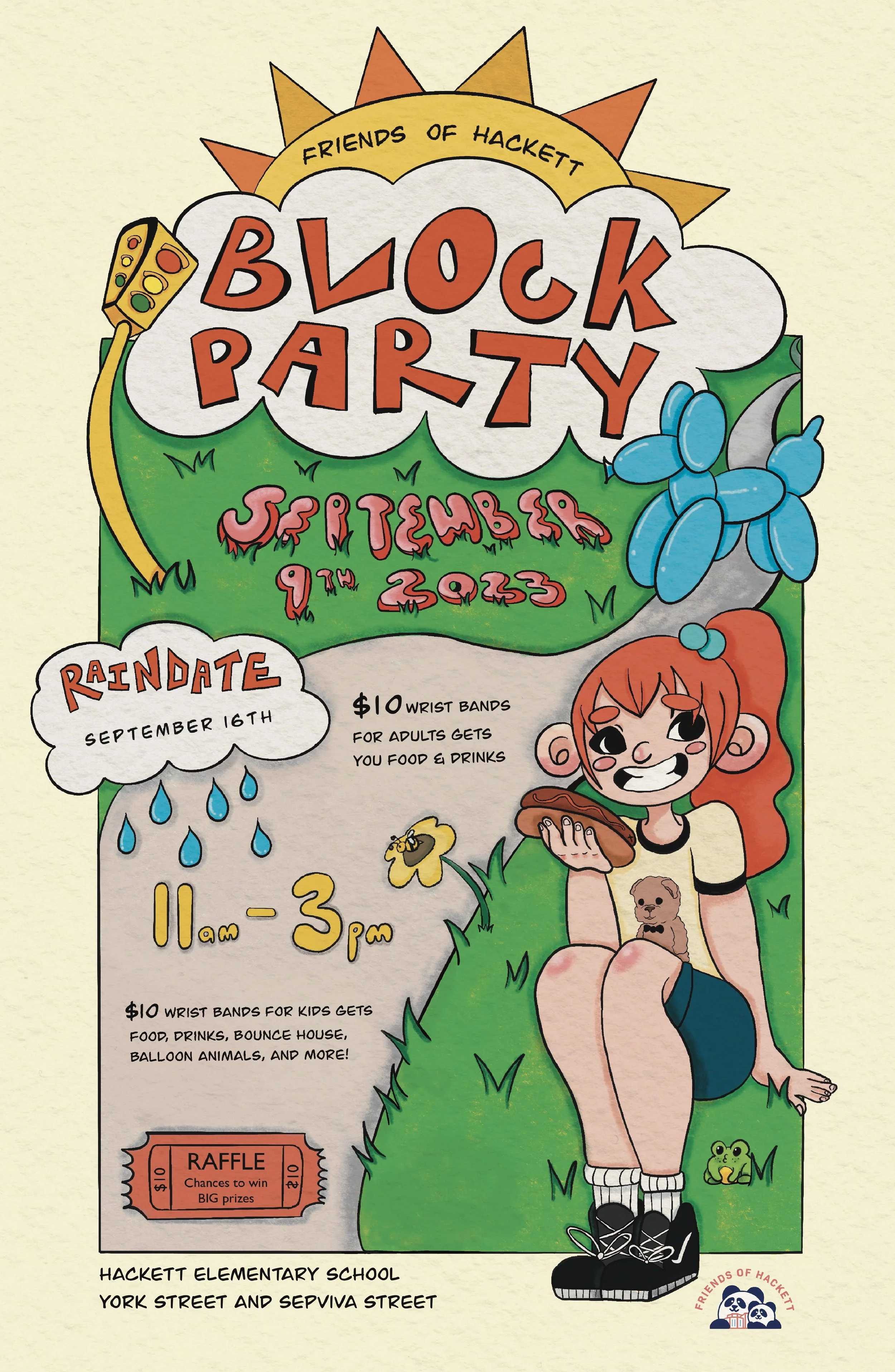 Colorful flyer for Block Party at Hackett Elementary School, with a girl sitting on grass holding a hot dog, a blue balloon animal, a frog, and a small bear, with details about time, rain date, wristband prices, and a raffle.