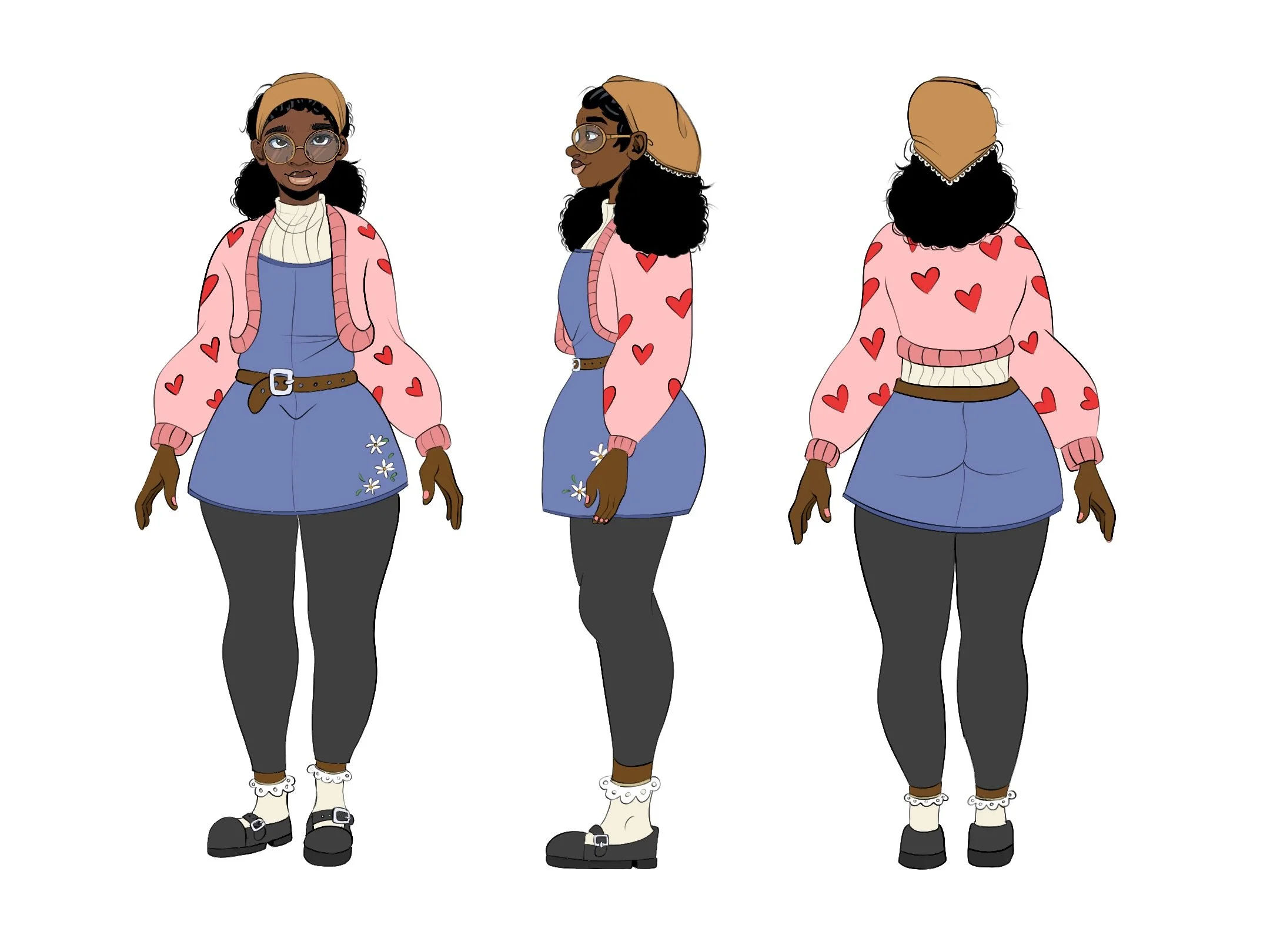 Digital illustration of a young woman with dark skin, curly black hair, wearing glasses, a beige beret, pink heart-patterned sweater, blue dress with white floral embroidery, black leggings, and black Mary Jane shoes with white socks. She is shown fr