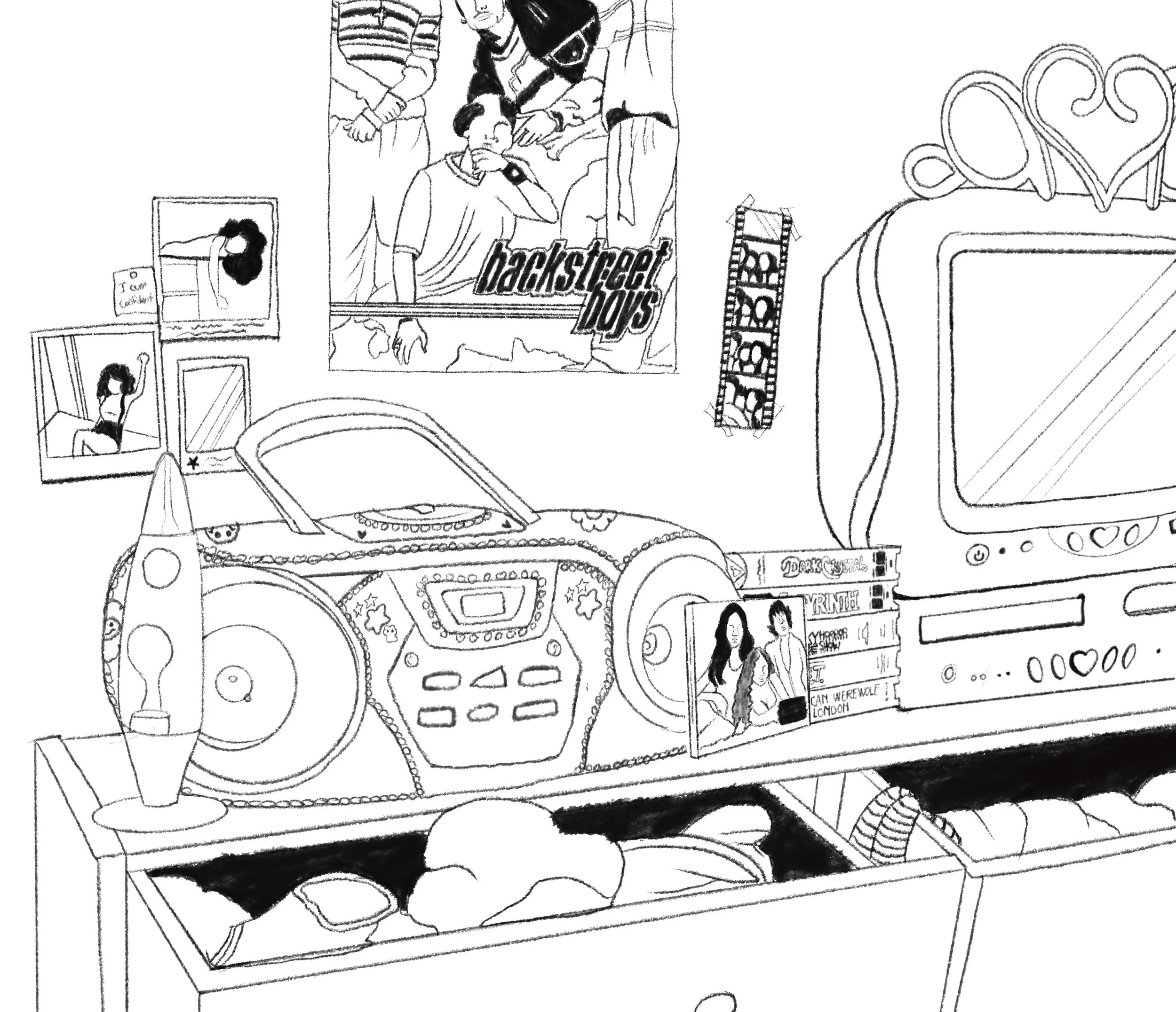 A digital drawing of a bedroom shelf with a stereo, a collection of DVDs, a TV, and various posters on the wall, including a Backstreet Boys poster.
