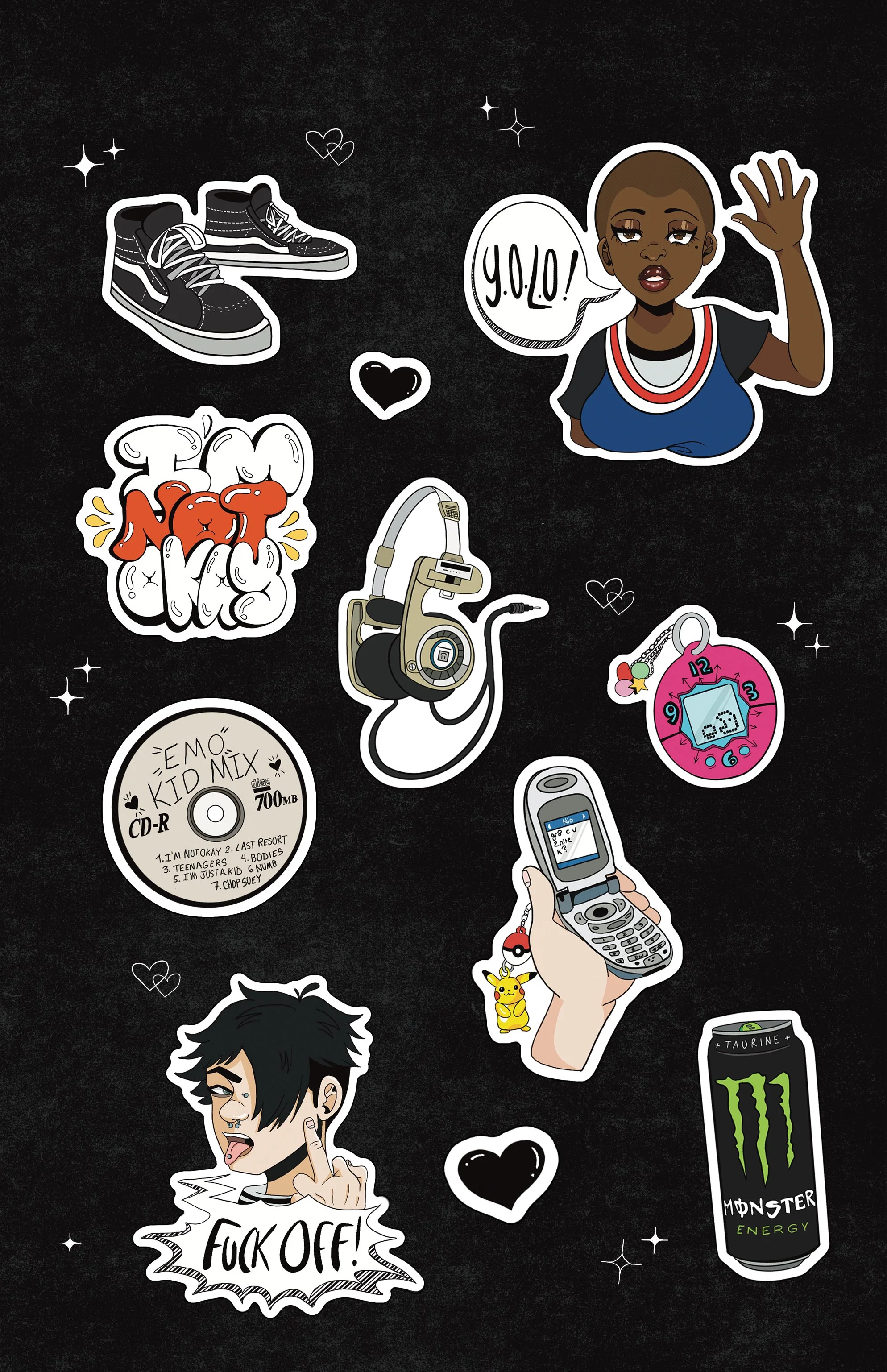 Collection of stickers on a black background, including sneakers, a girl saying "Y.O.LO!", headphones, a pink Tamagotchi, a CD  with song titles, a hand holding a flip phone, a can of Monster Energy, and a guy putting up his middle finger. 