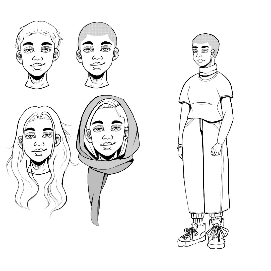 Drawing of five people's faces with different hairstyles and accessories and one full-body sketch of a person wearing a turtleneck, loose pants, and sneakers.