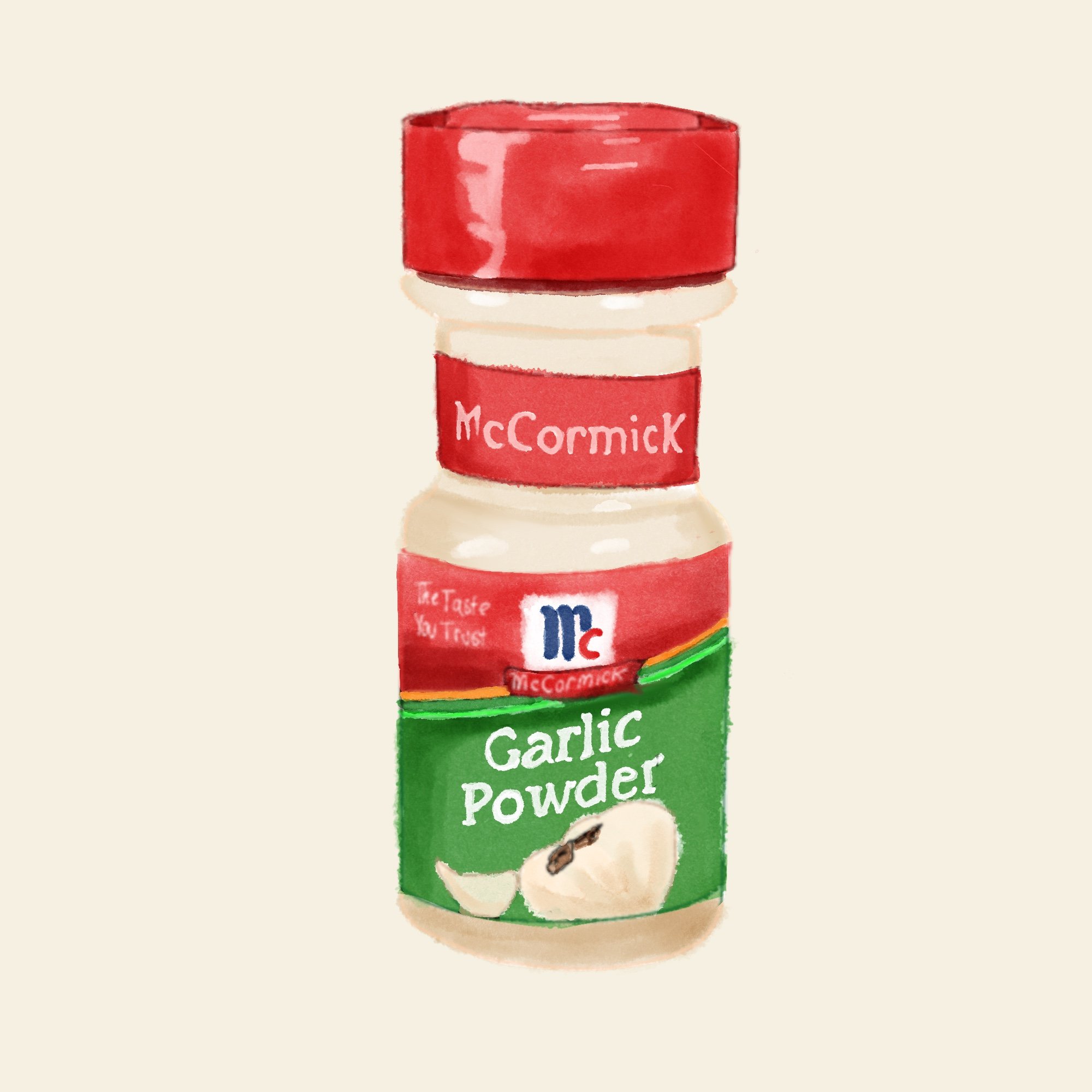 Watercolor illustration of a jar of McCormick garlic powder with a red lid and green label showing garlic bulbs.