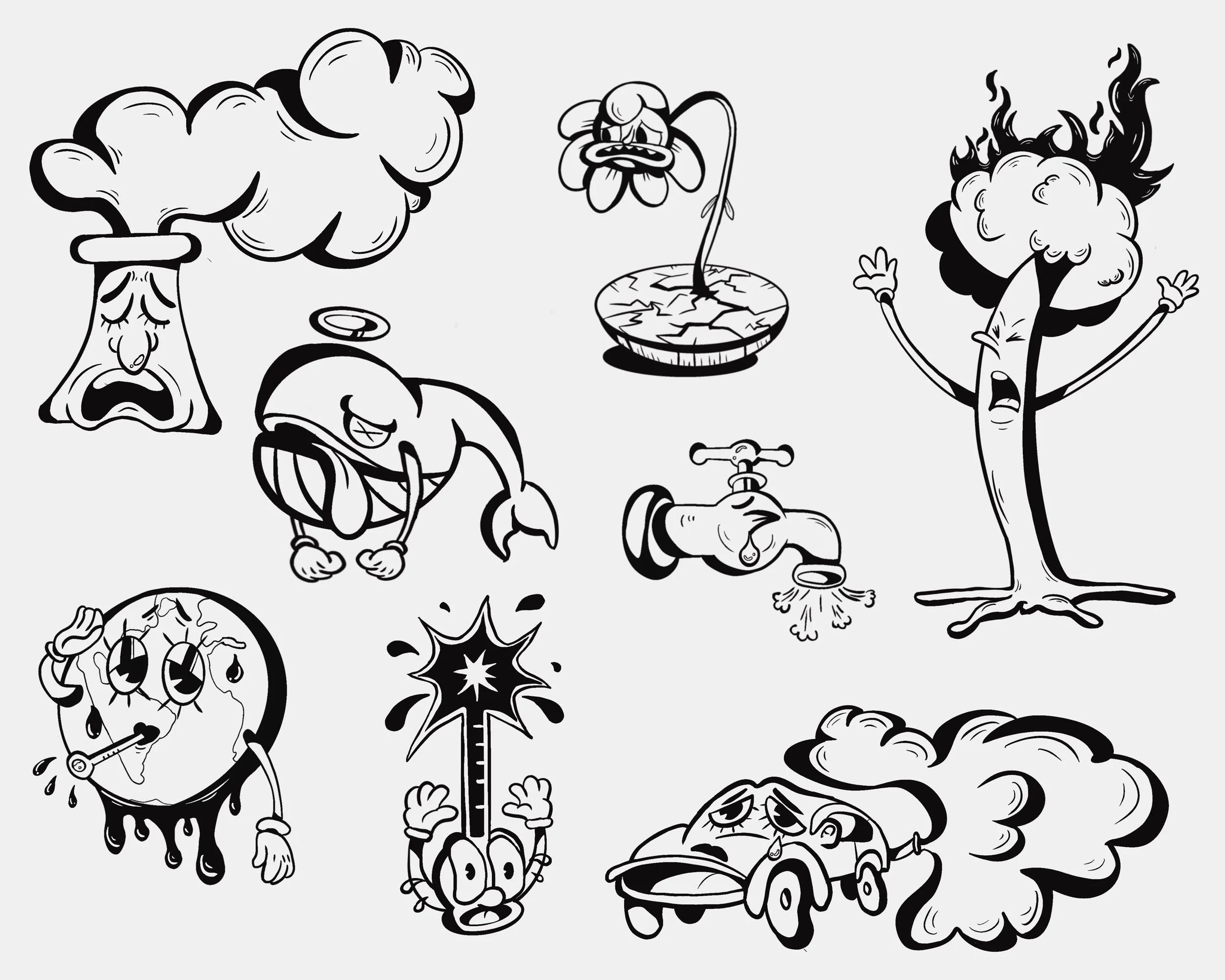 Collection of black and white cartoon-style illustrations depicting climate change, including a crying volcano, a sad flower in a pond, a screaming tree on fire, a melting globe, a smoking car, a distressed faucet, and a dead whale.