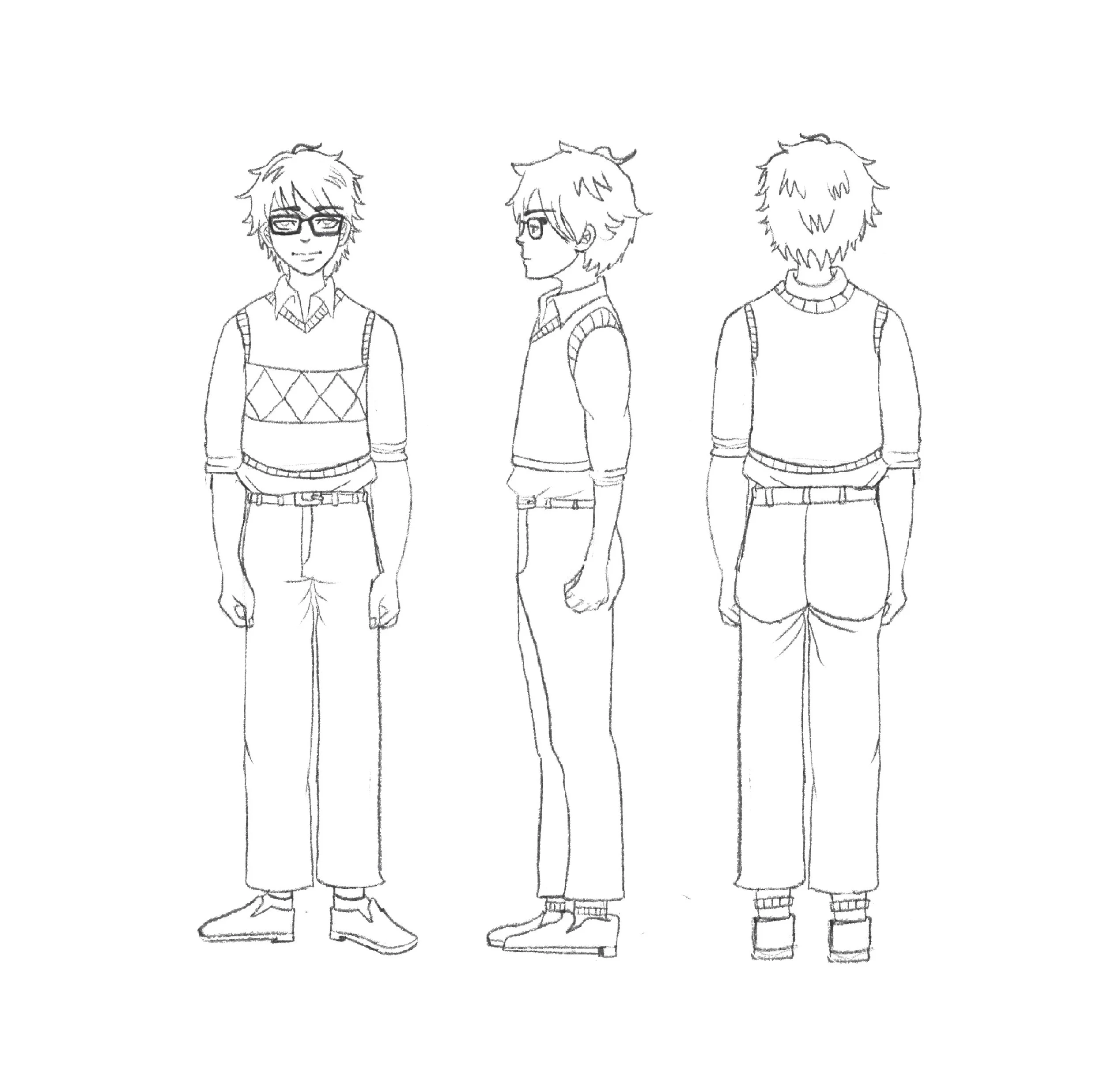 Line drawing of a male character in three poses showing front, side, and back views, dressed in casual clothing including glasses, a vest with a diamond pattern, shirt, pants, and shoes.