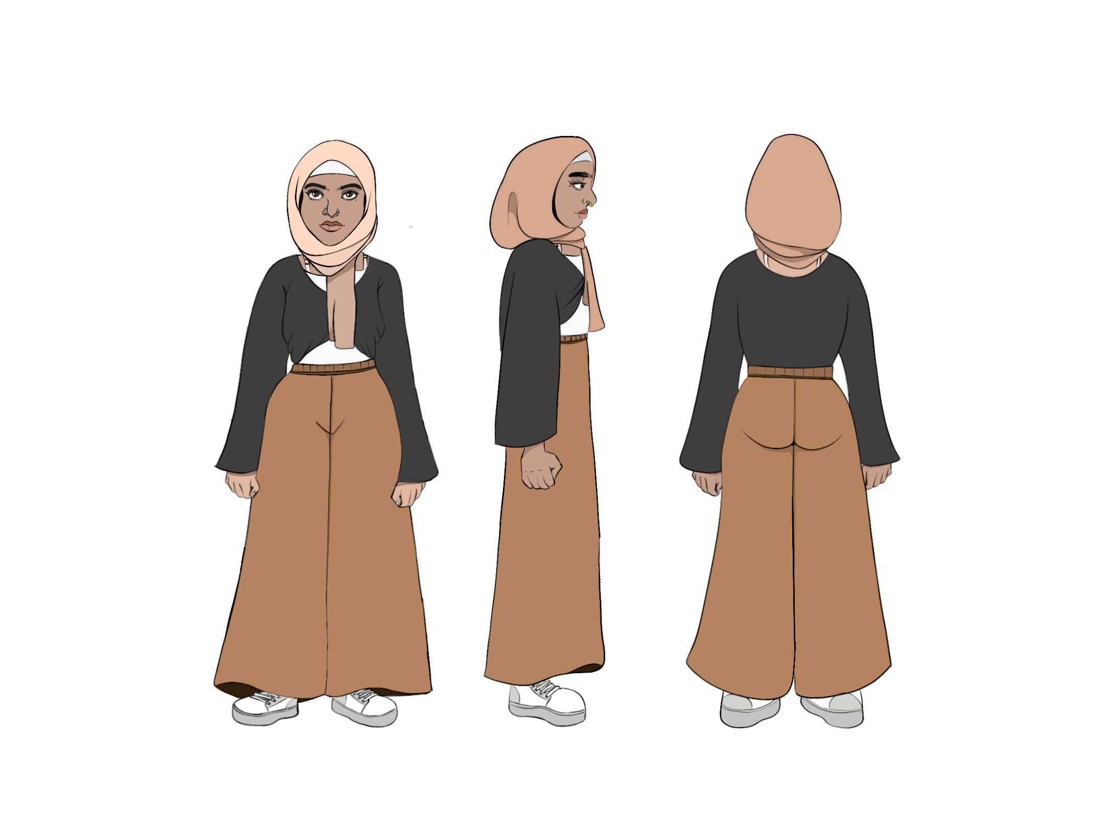 Illustration of a woman in hijab shown from front, side, and back view. She wears a light hijab, a black jacket, white shirt, wide brown pants, and white sneakers.
