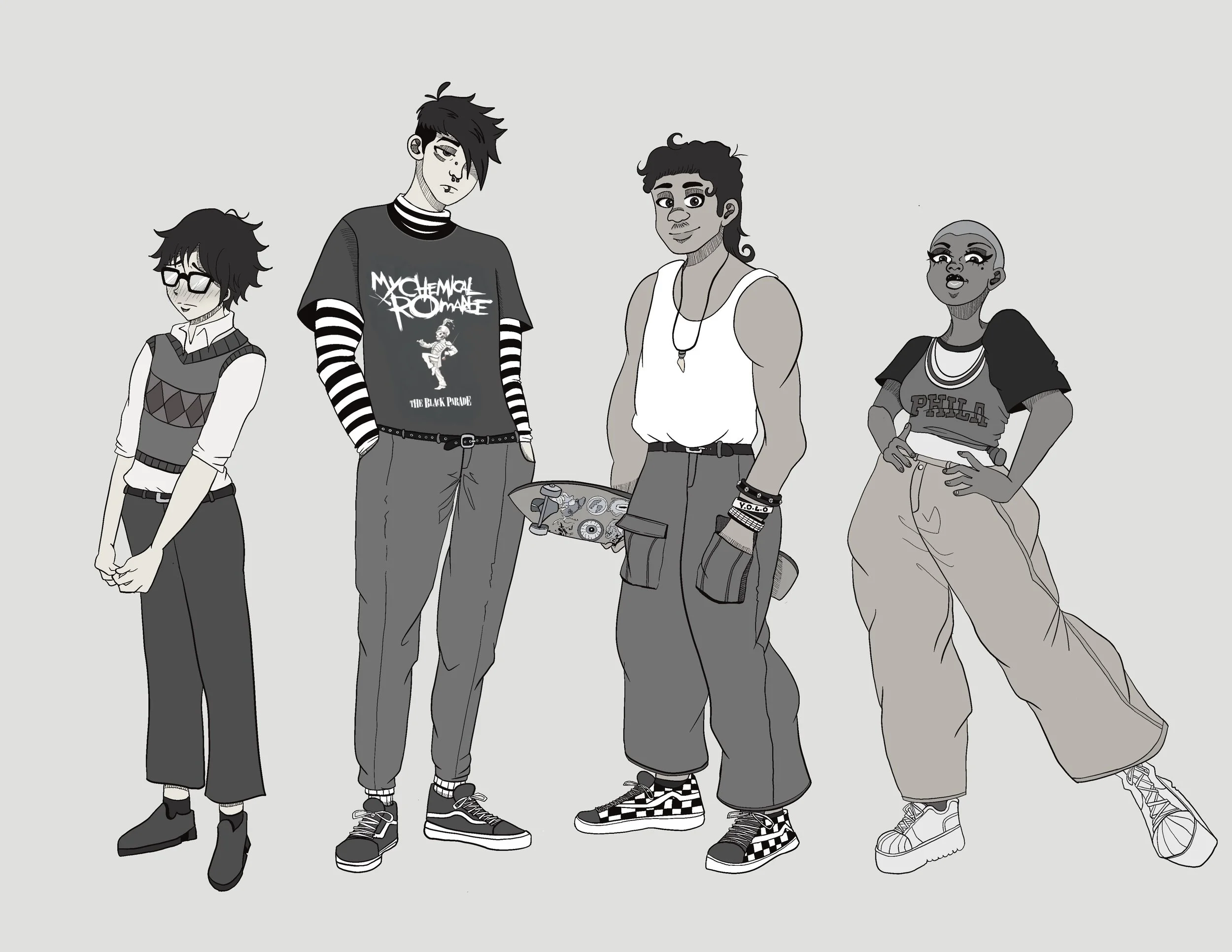 Drawing of four diverse young people standing side by side, each with unique styles and expressions, against a plain background.