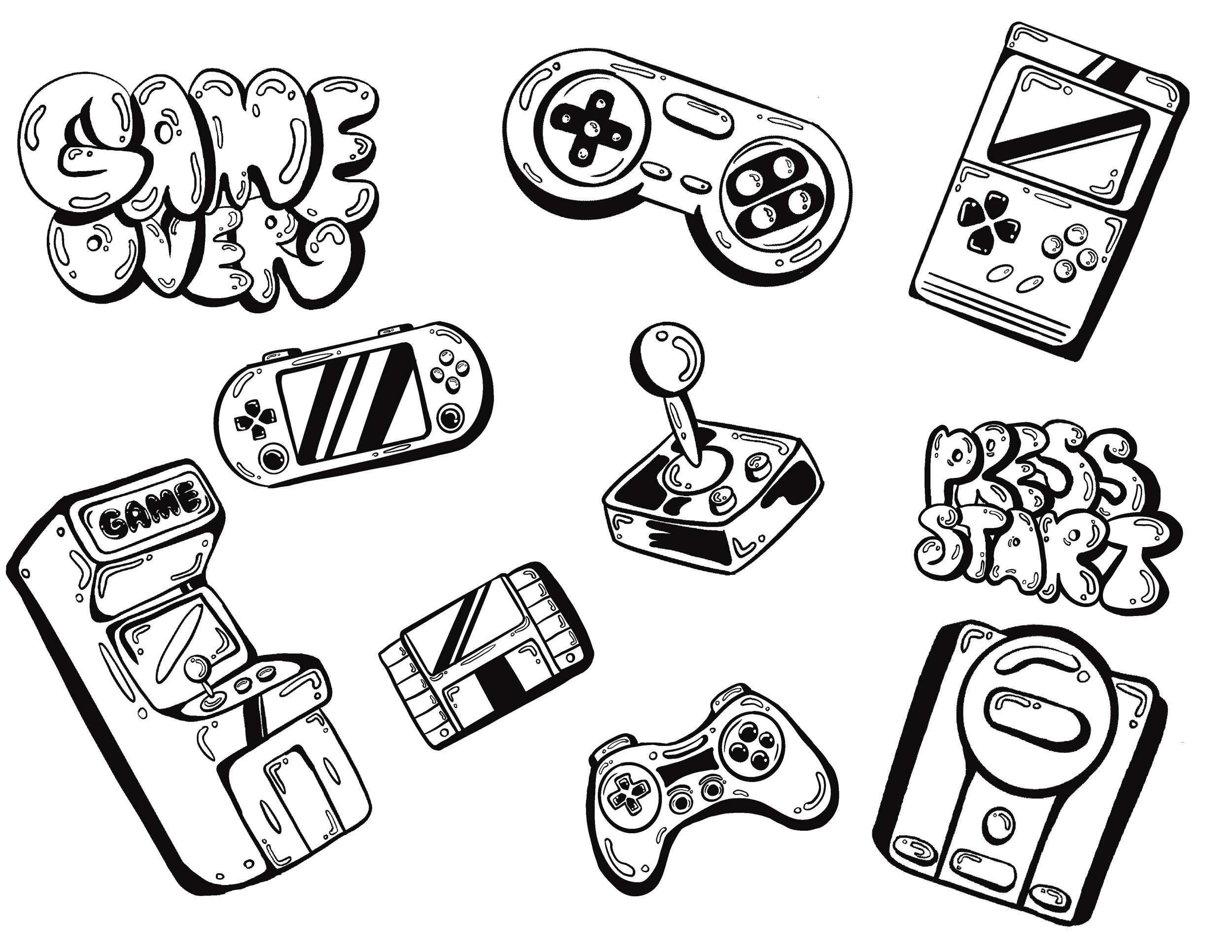 Black and white drawing of various video game consoles and controllers, including arcade machines, handhelds, joysticks, and game cartridges.