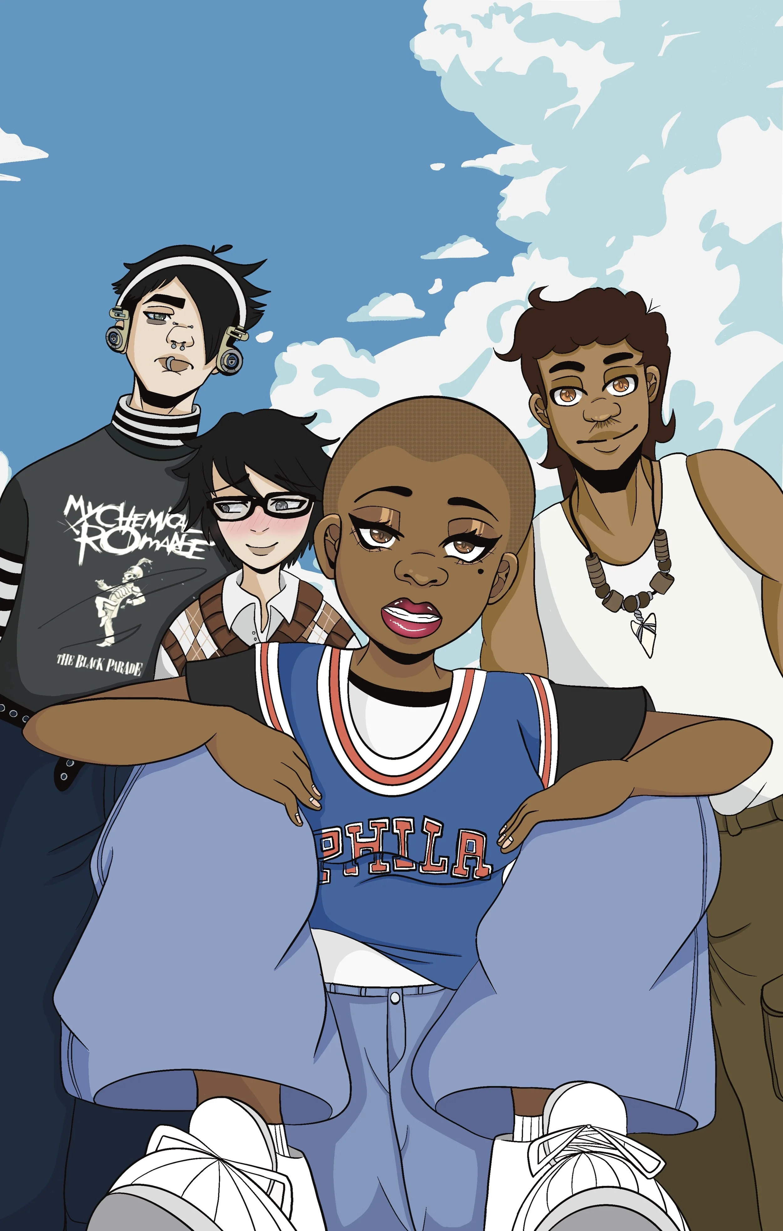 Four diverse young adults posing for a photo outdoors against a partly cloudy sky.