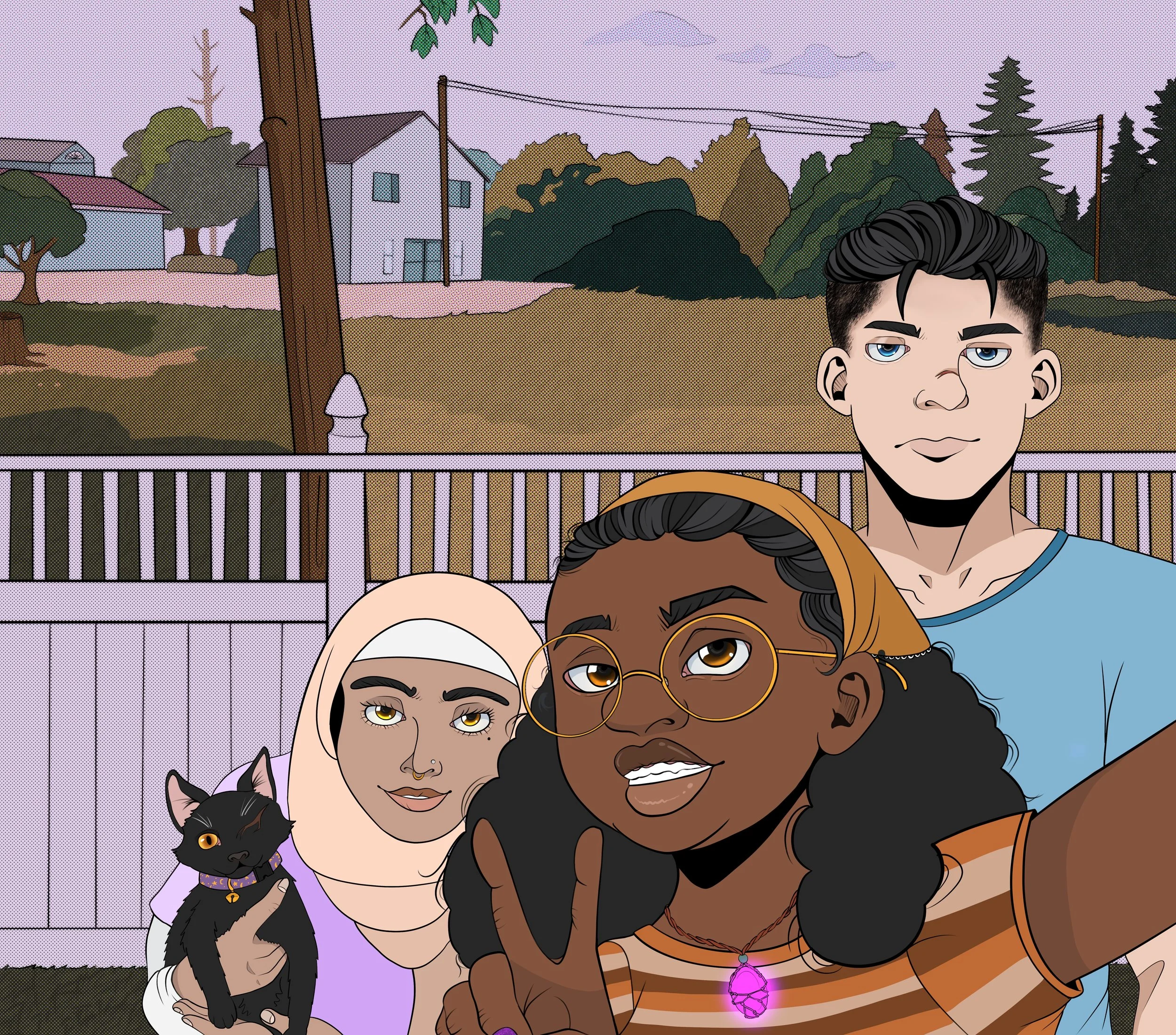 Three friends are taking a selfie in a backyard. One woman is holding a black cat, and the woman in front is making a peace sign. The background shows a fence, trees, utility poles, and houses at dusk.