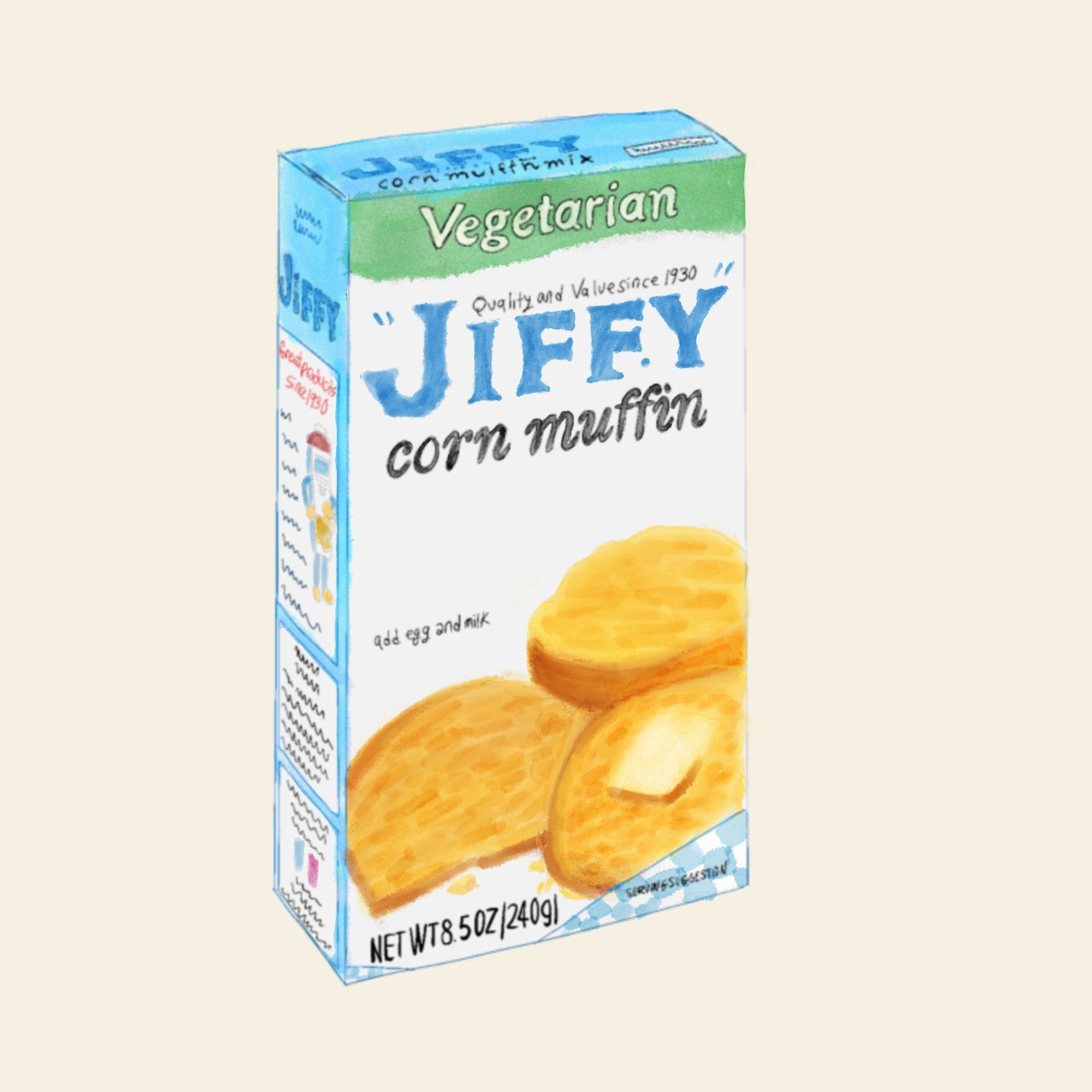 Watercolor Illustration of a box of Jiffy vegetarian corn muffin mix with a picture of two golden muffins on the front.