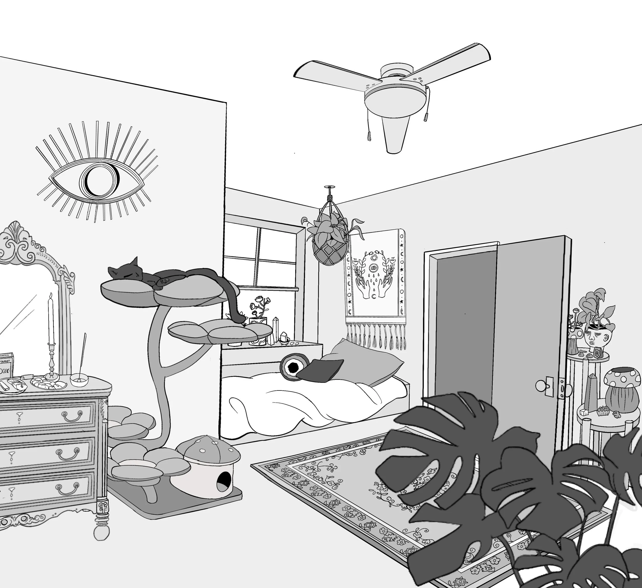 A black and white drawing of a cozy bedroom with a cat sleeping on a multi-level cat tree, a bed with pillows, a dresser with a mirror, houseplants, wall art, and a ceiling fan.