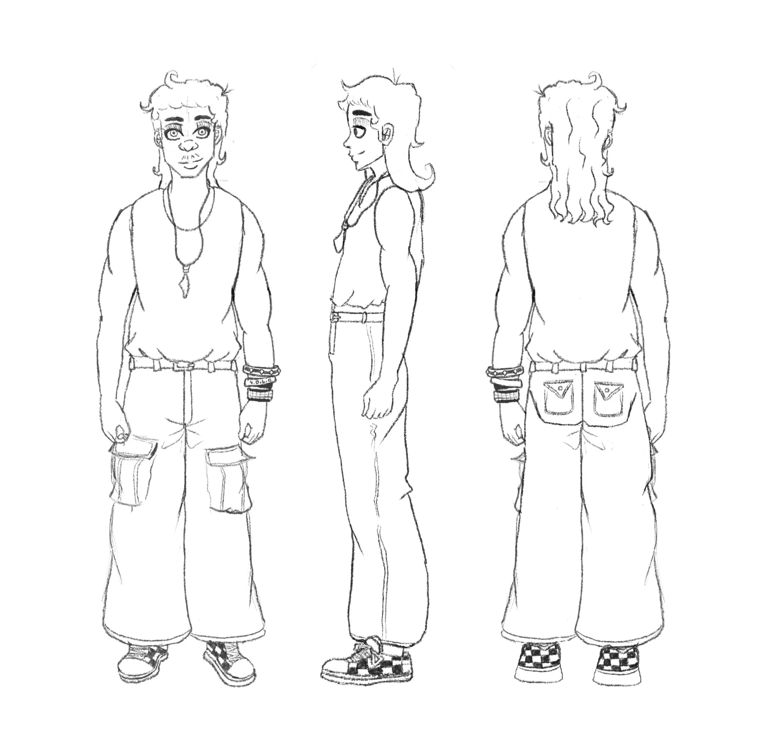 Sketch of a male character viewed from front, side, and back, with long wavy hair, casual tank top, cargo pants, and checkered shoes.